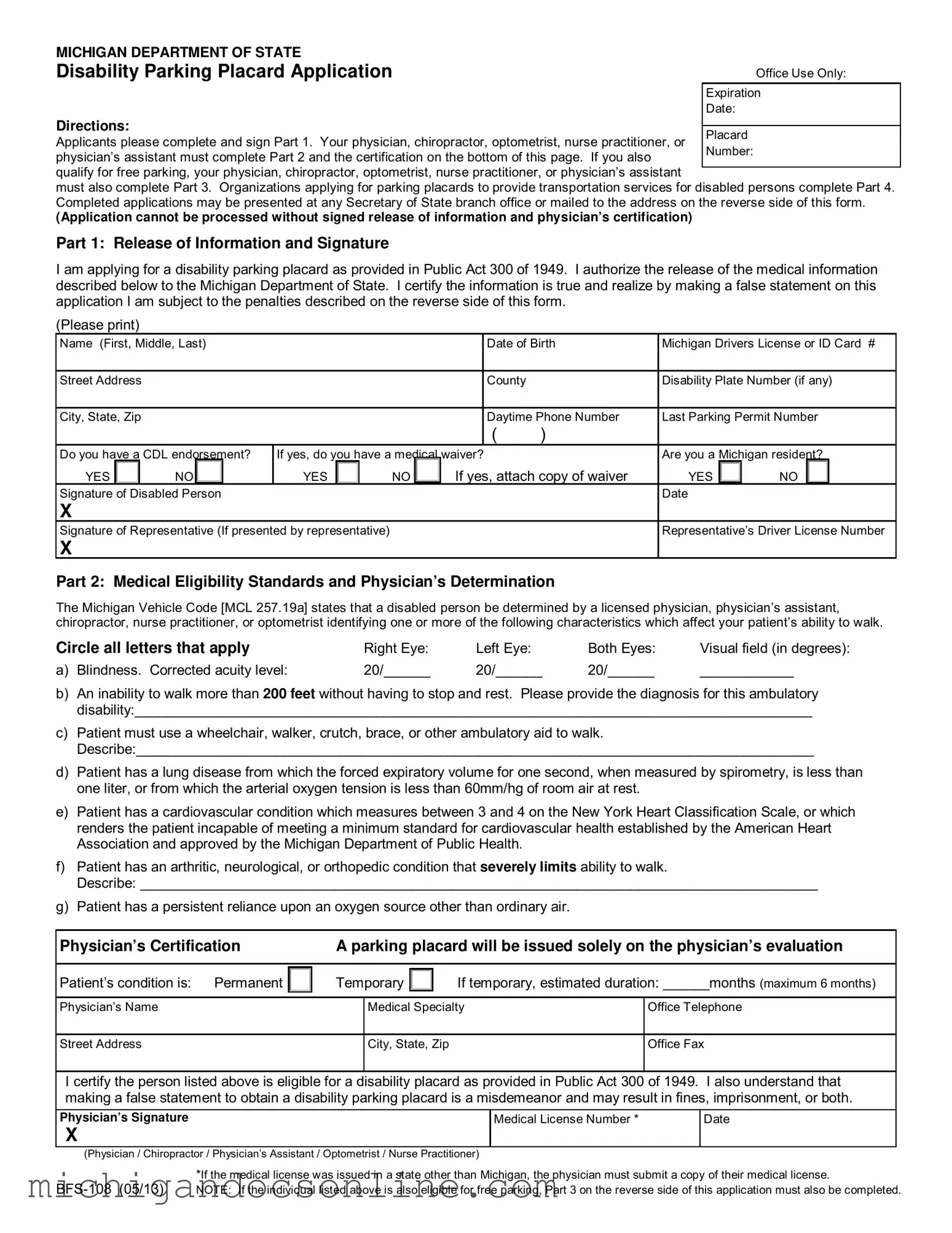Blank Bfs 108 Michigan PDF Form