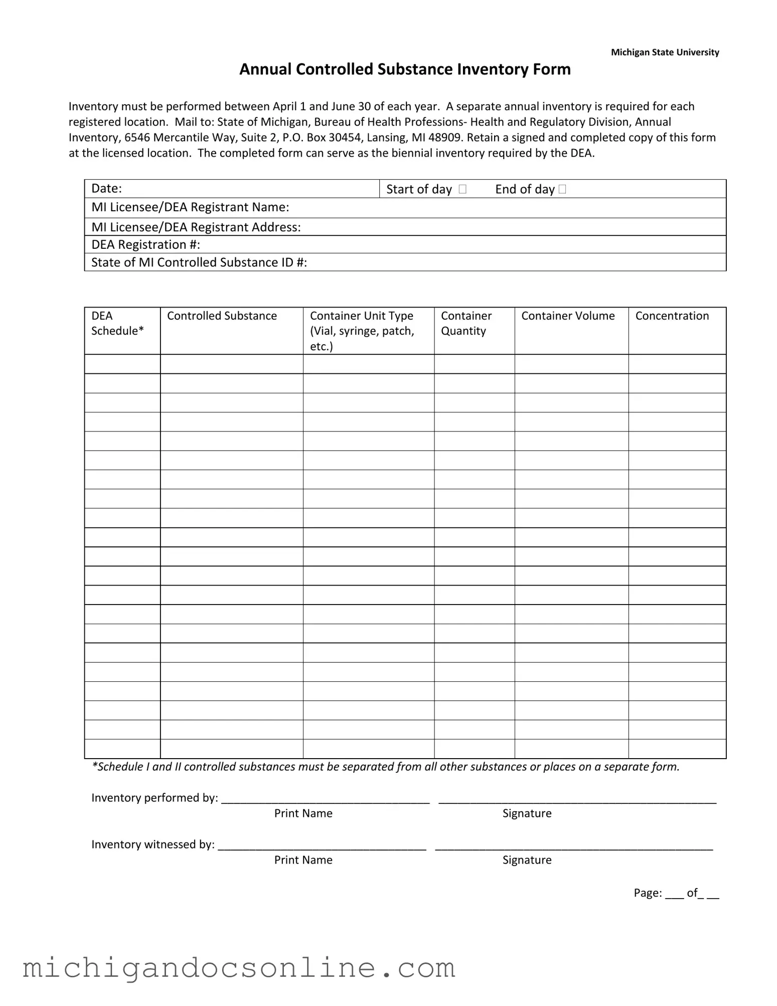 Blank Control Substance Inventory Michigan PDF Form