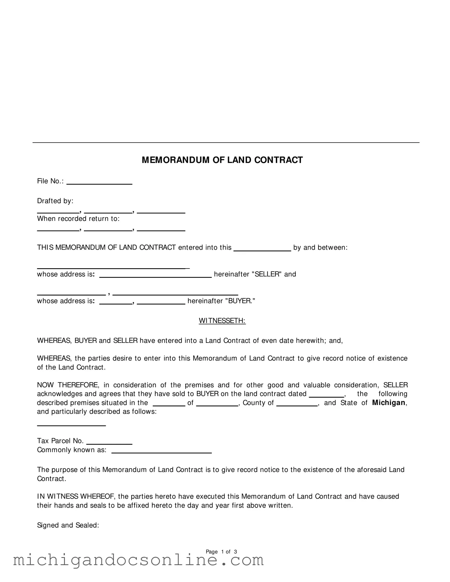 Blank Land Contract Michigan PDF Form