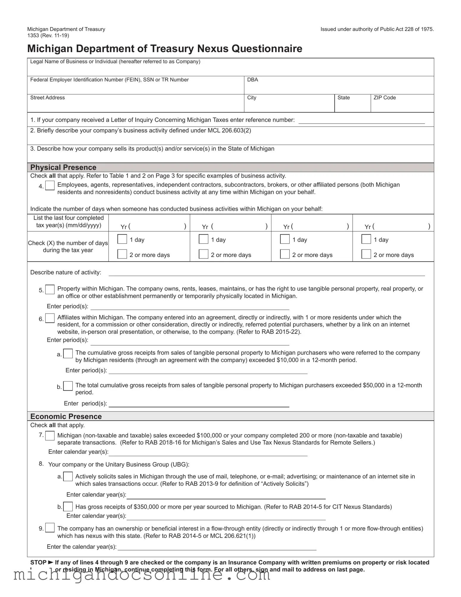 Blank Michigan 1353 PDF Form
