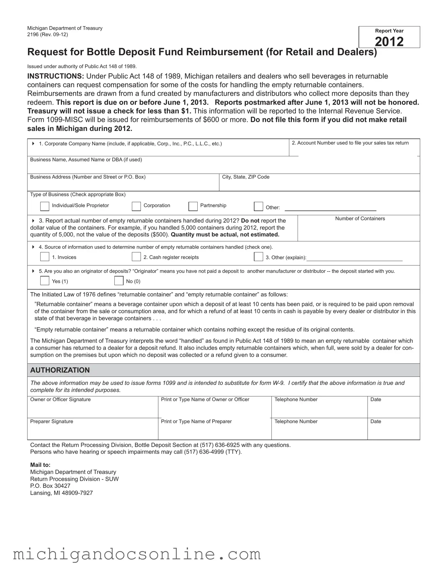 Blank Michigan 2196 PDF Form