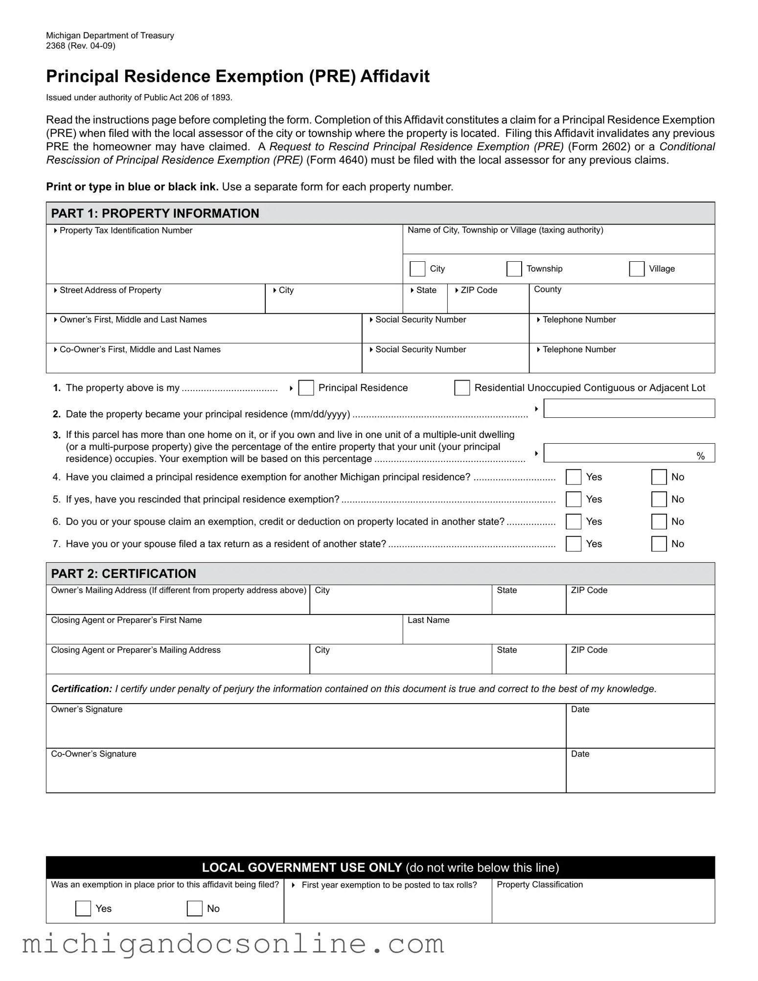 Blank Michigan 2368 PDF Form