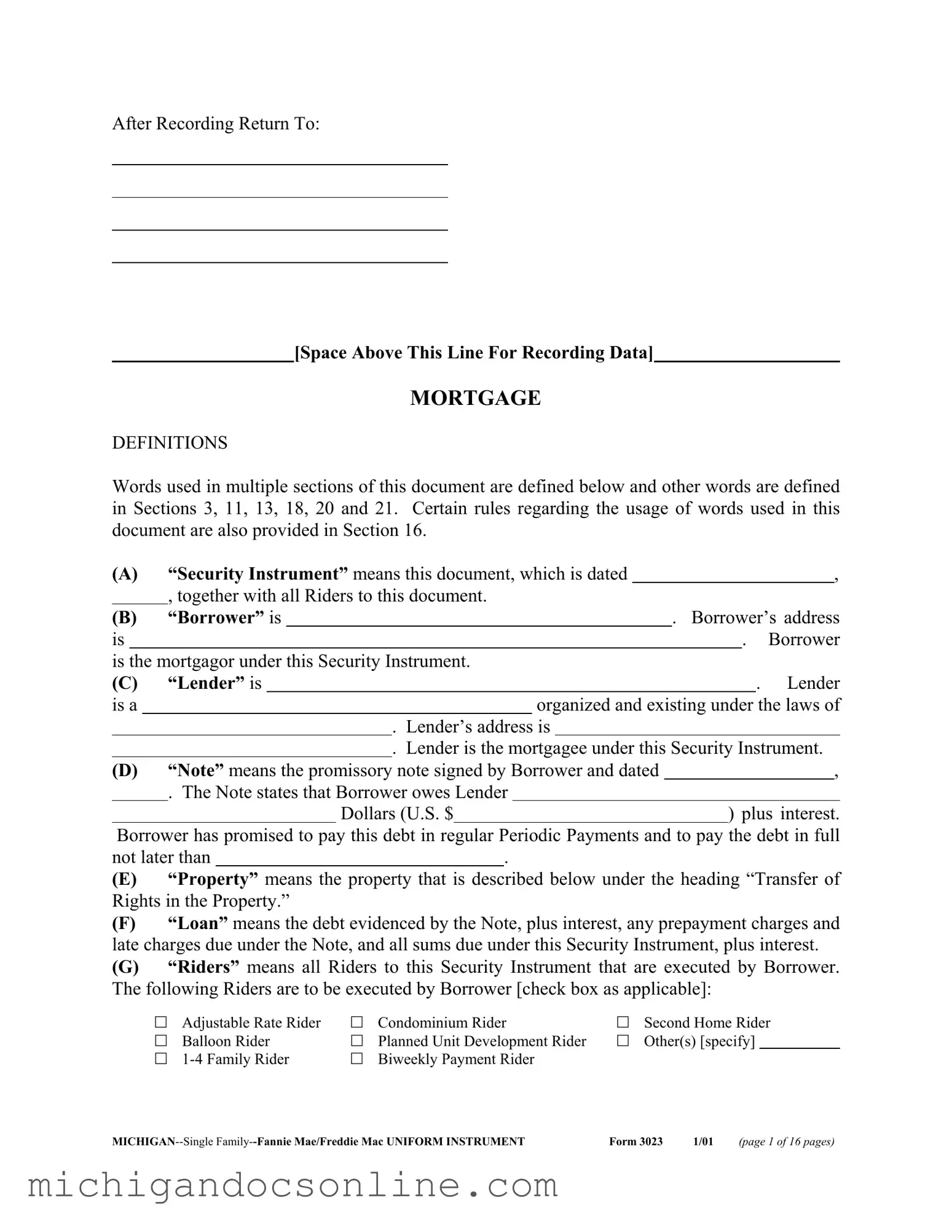 Blank Michigan 3023 PDF Form