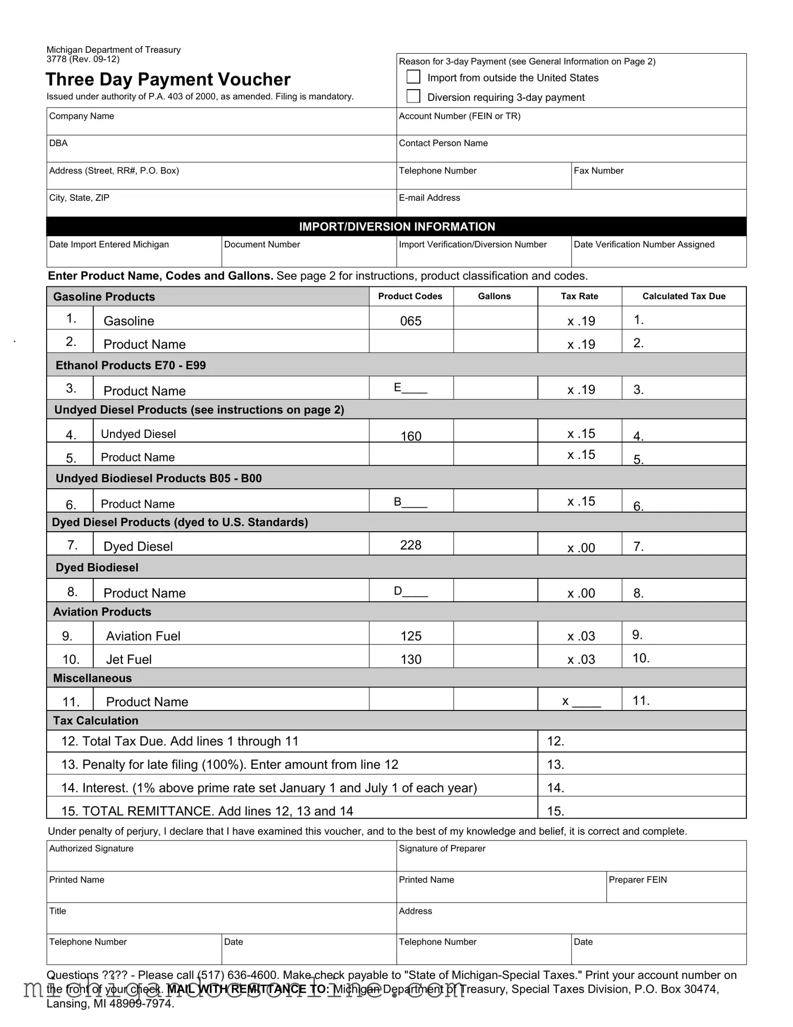 Blank Michigan 3778 PDF Form