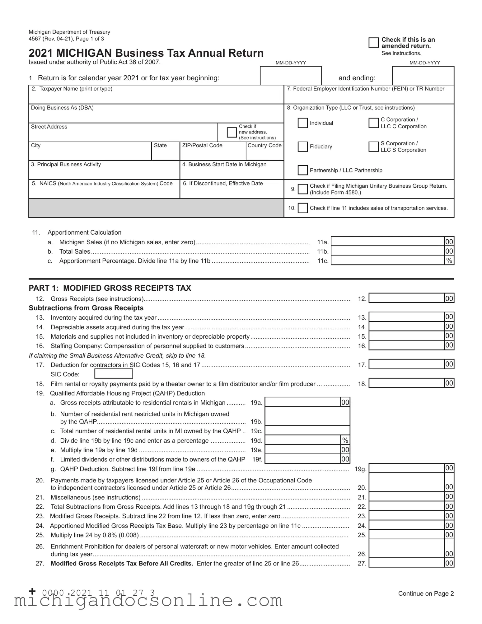 Blank Michigan 4567 PDF Form