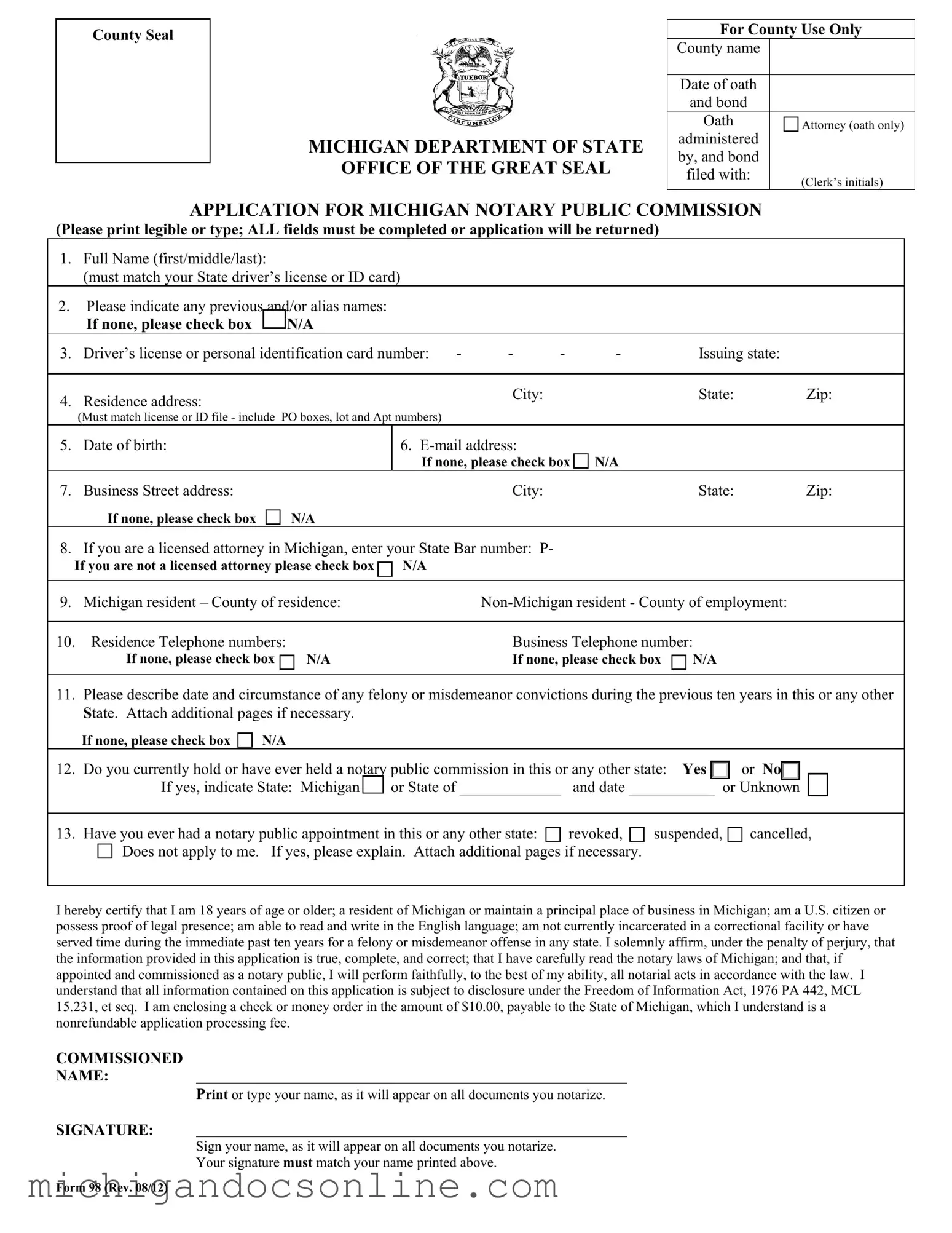 Blank Michigan 98 PDF Form