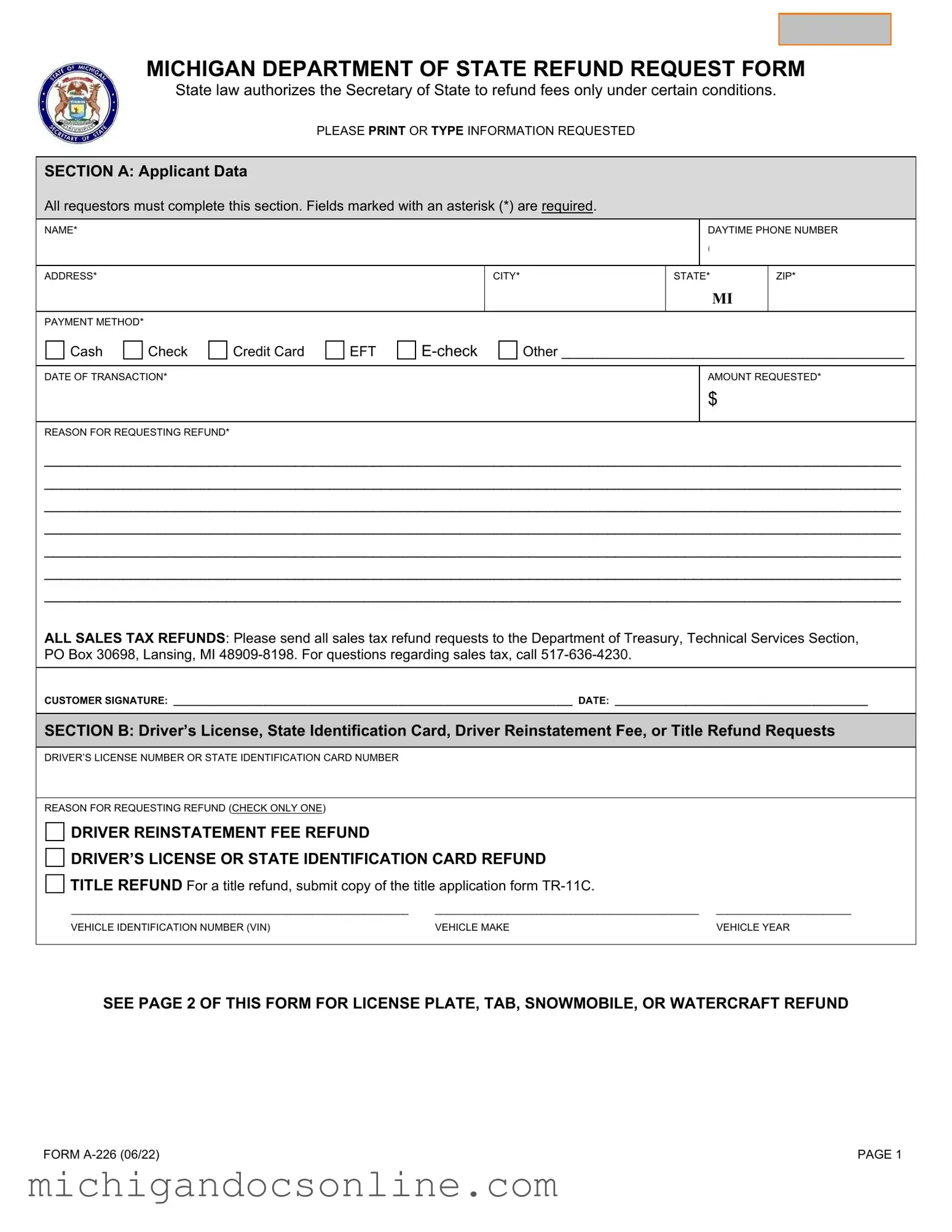 Blank Michigan A 226 PDF Form