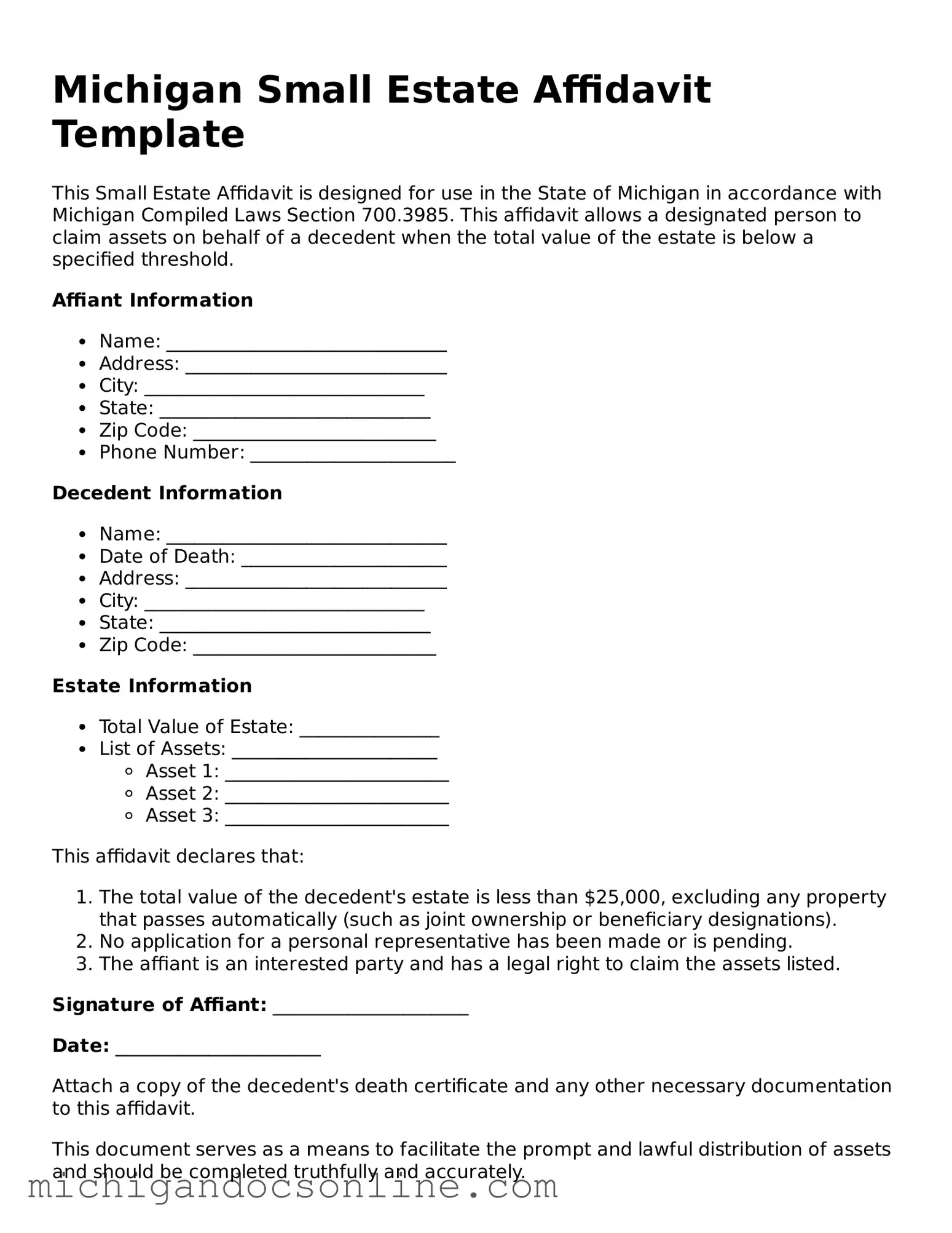 Fillable Michigan Small Estate Affidavit Form