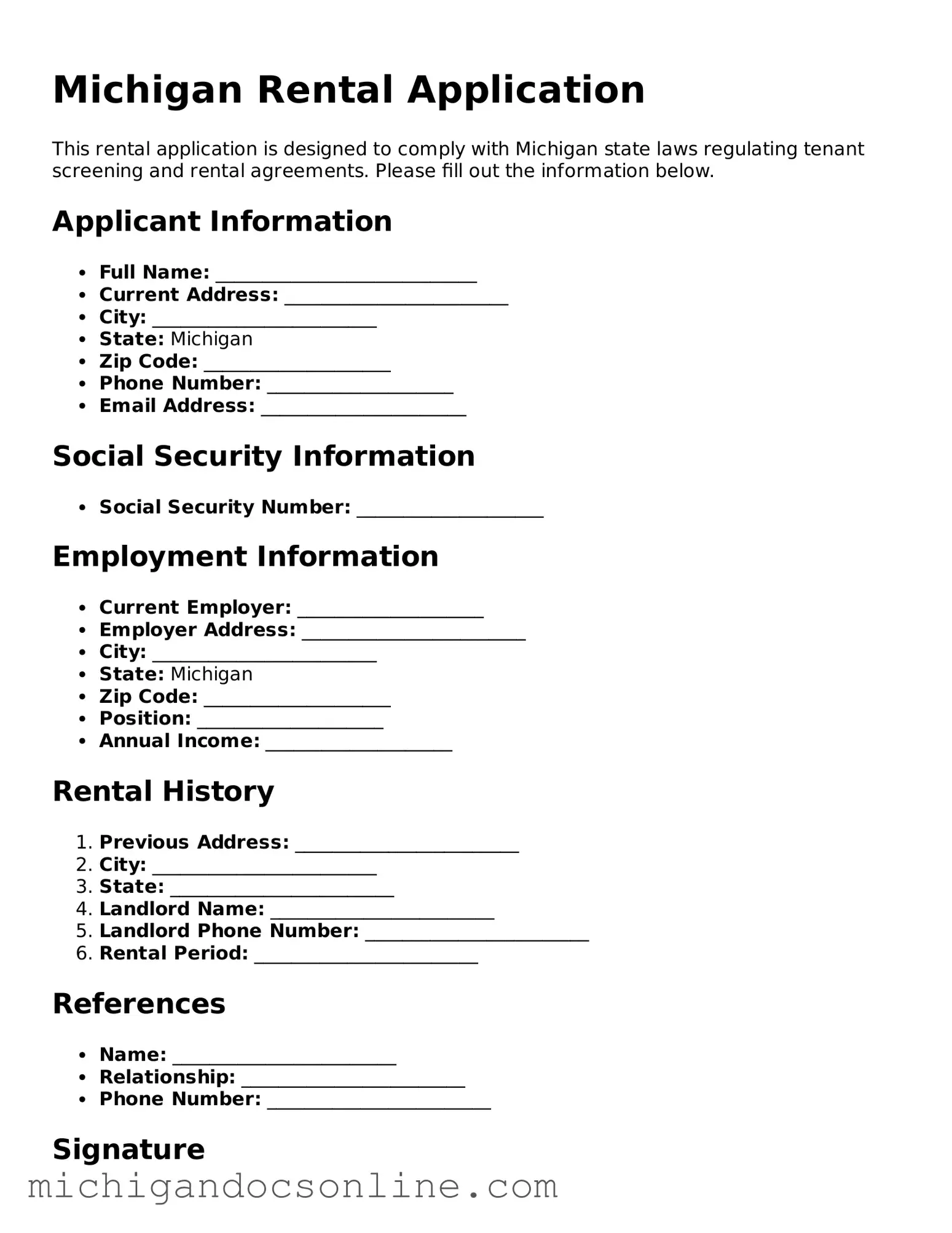 Fillable Michigan Rental Application Form