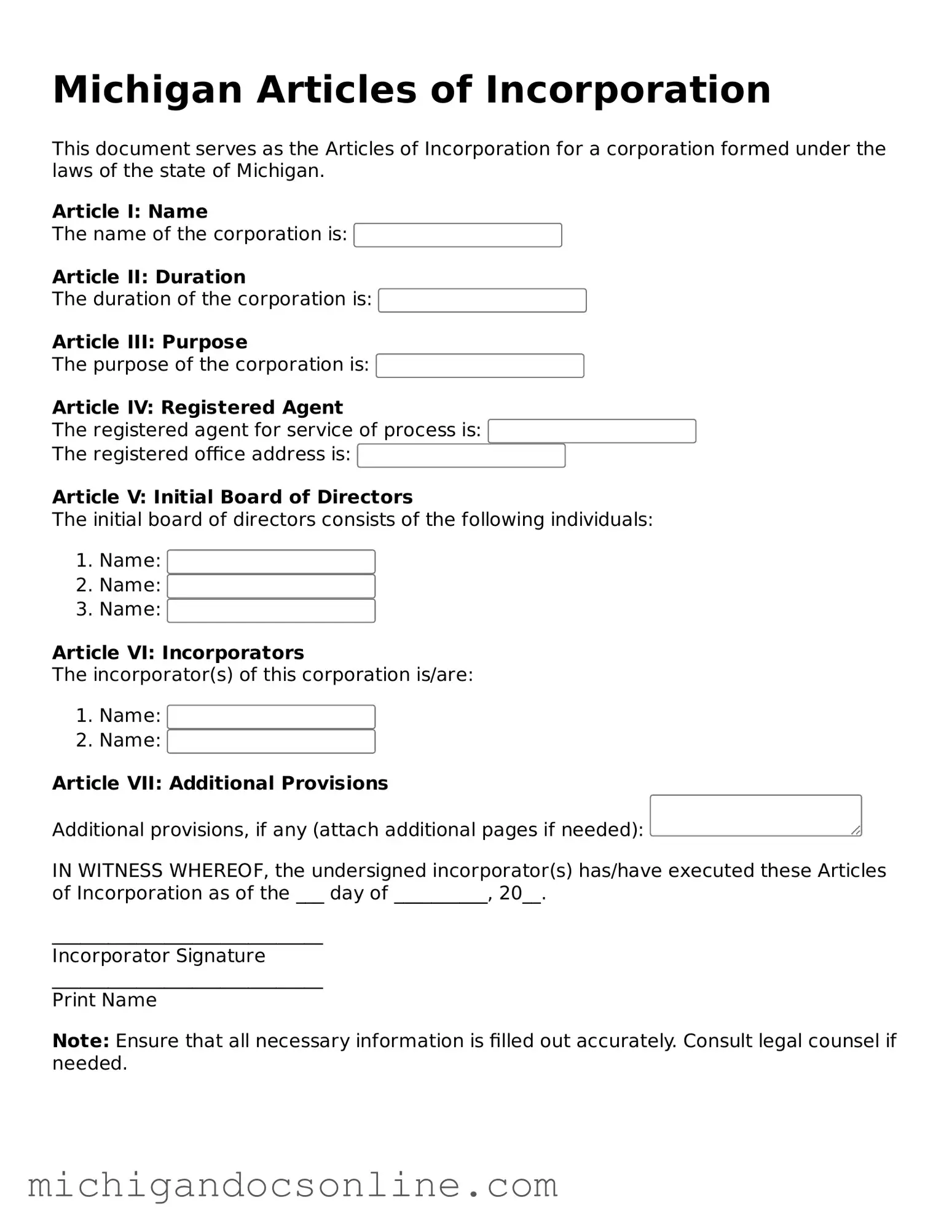 Fillable Michigan Articles of Incorporation Form