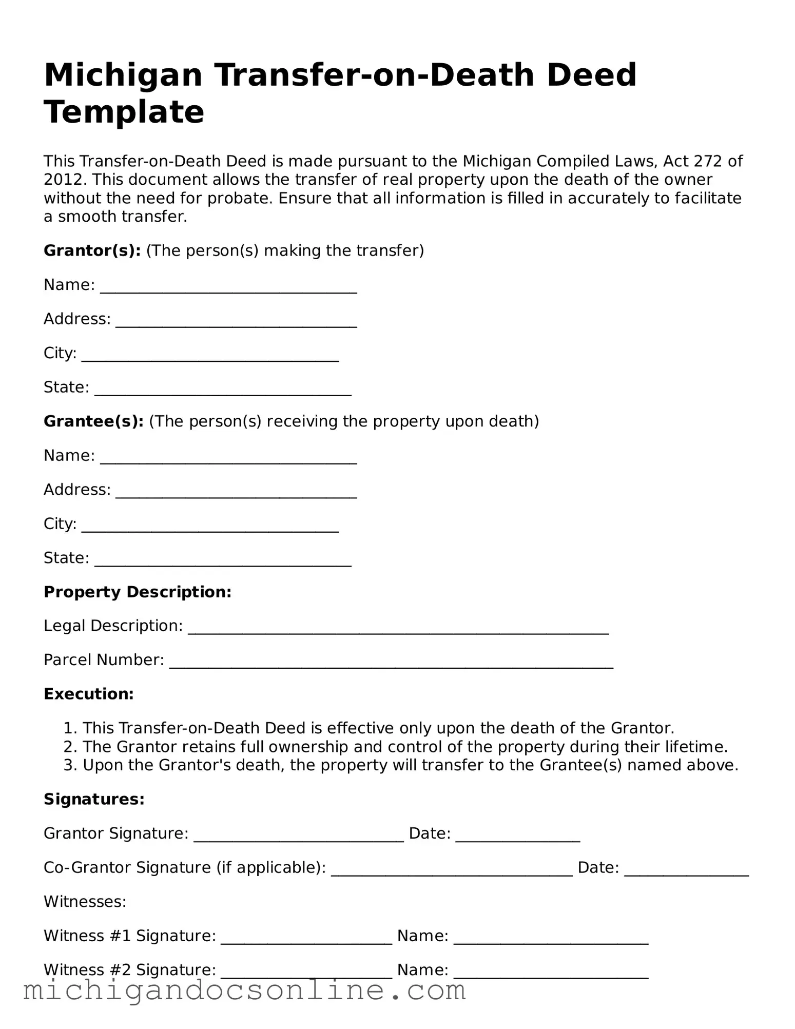 Fillable Michigan Transfer-on-Death Deed Form