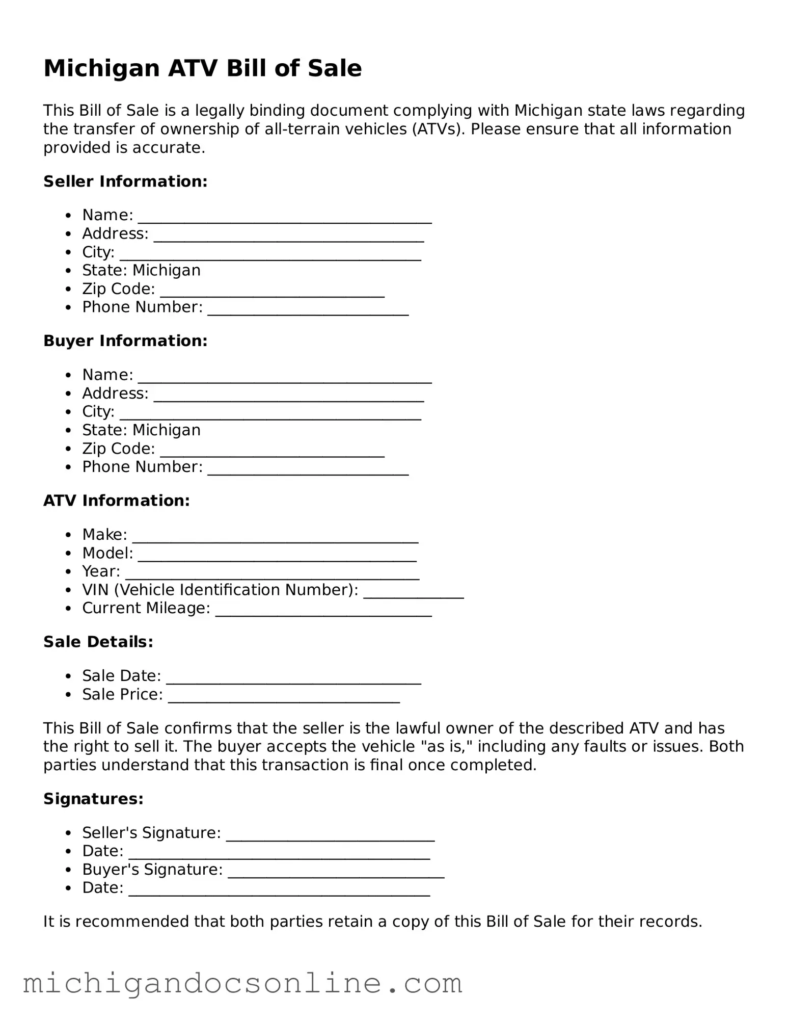 Fillable Michigan ATV Bill of Sale Form