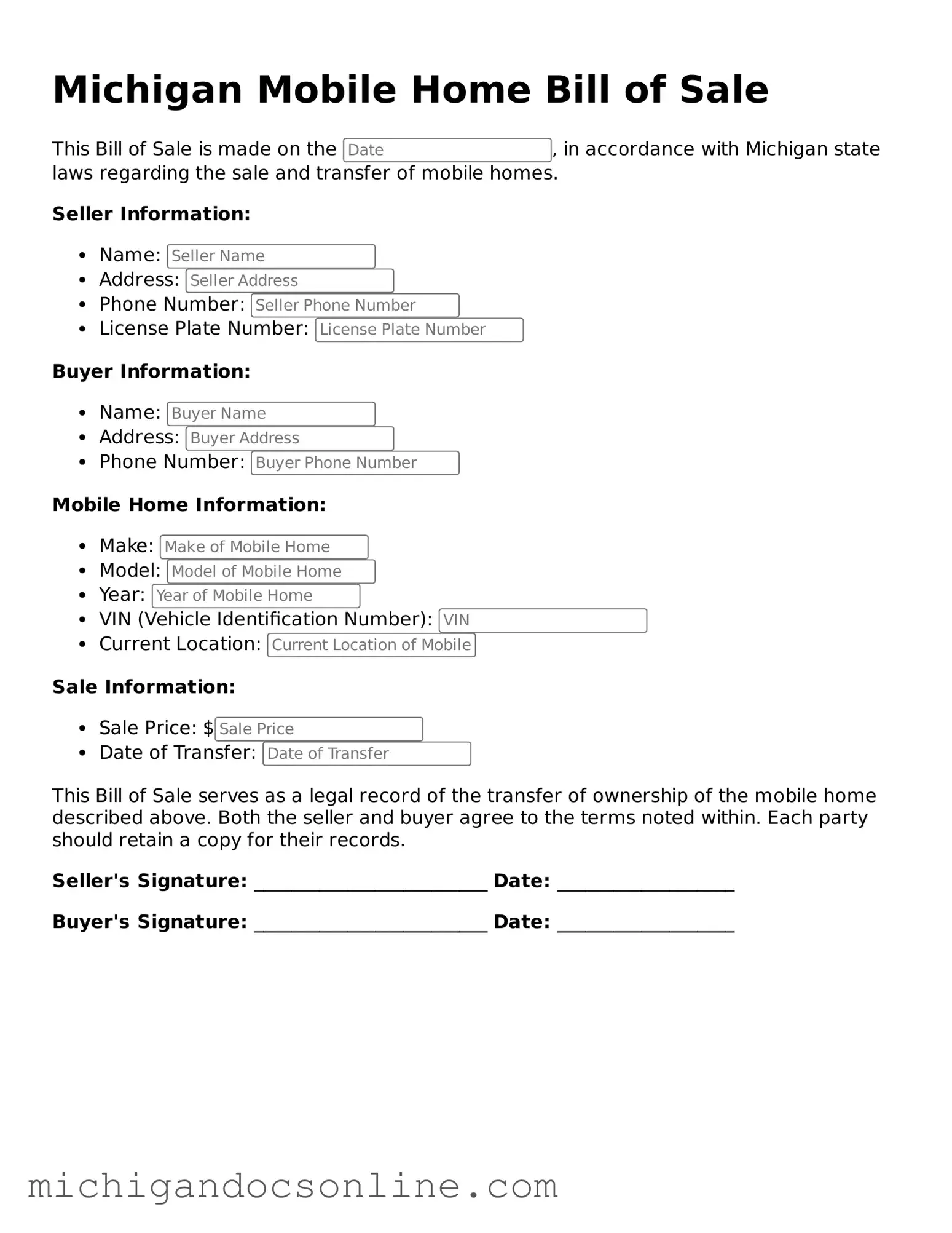 Fillable Michigan Mobile Home Bill of Sale Form