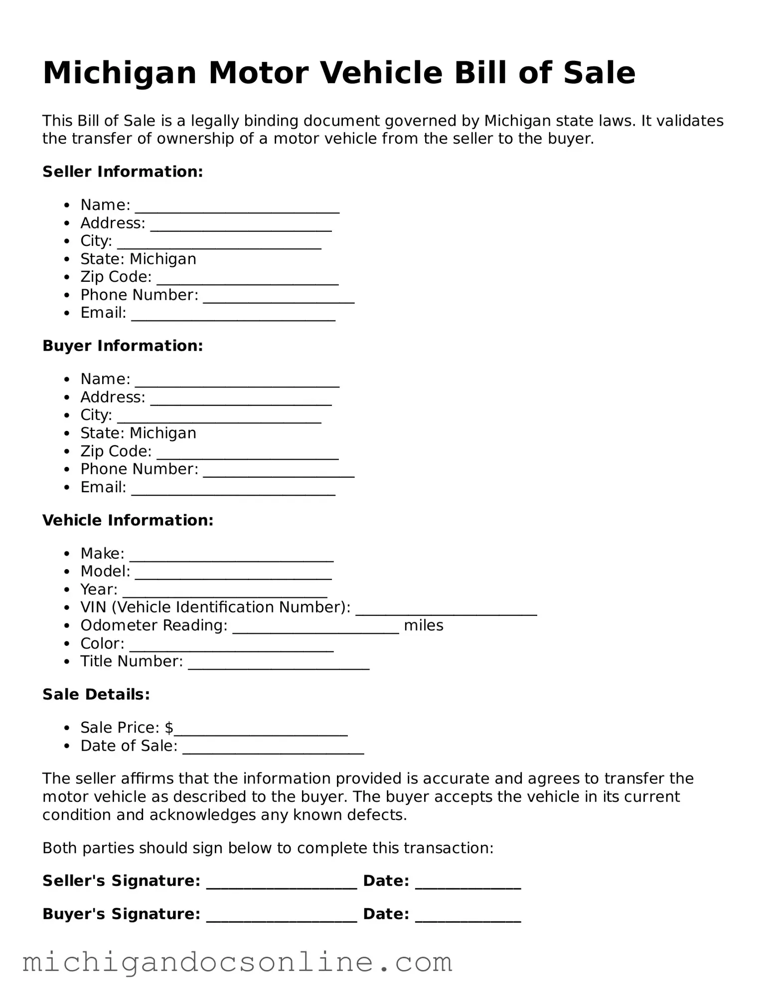 Fillable Michigan Motor Vehicle Bill of Sale Form