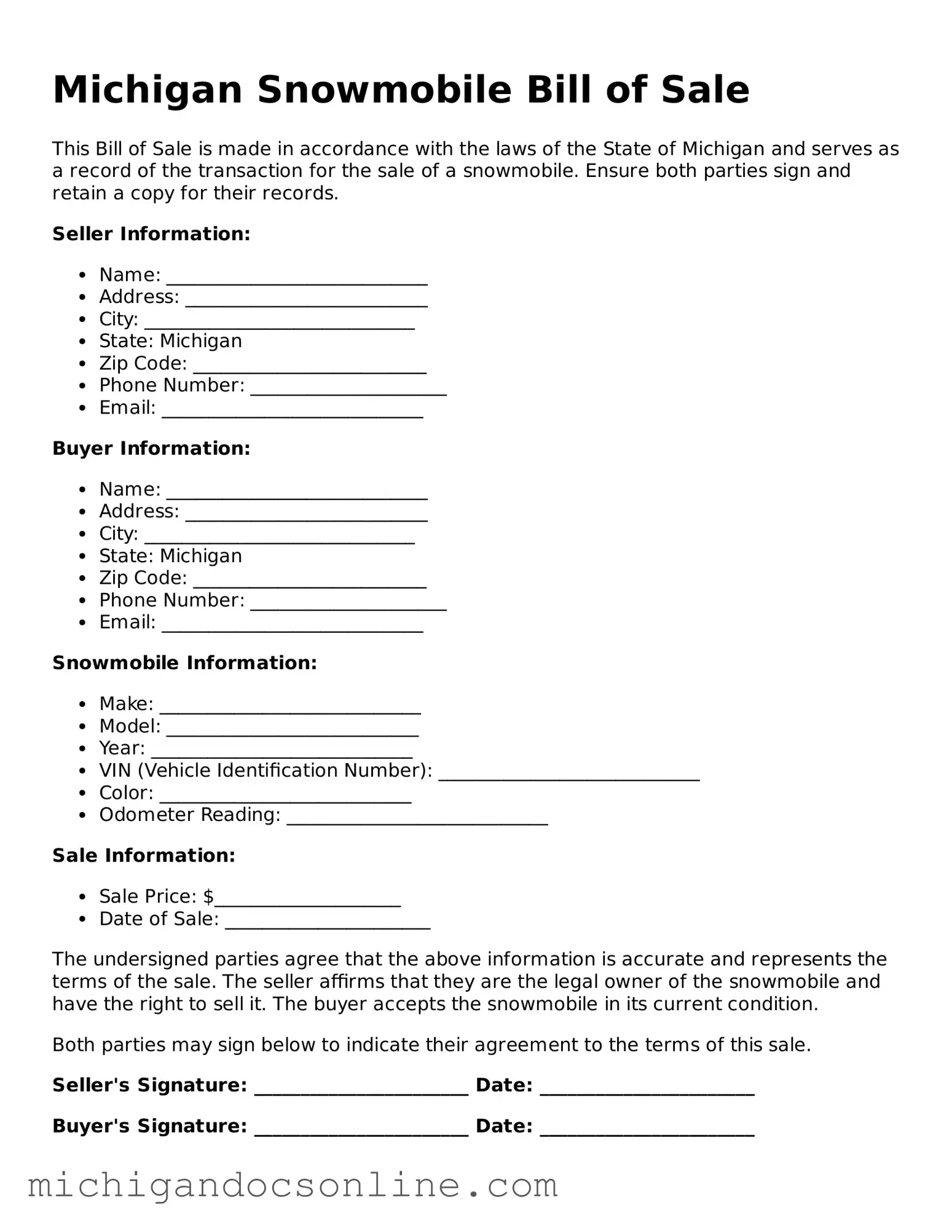 Fillable Michigan Snowmobile Bill of Sale Form