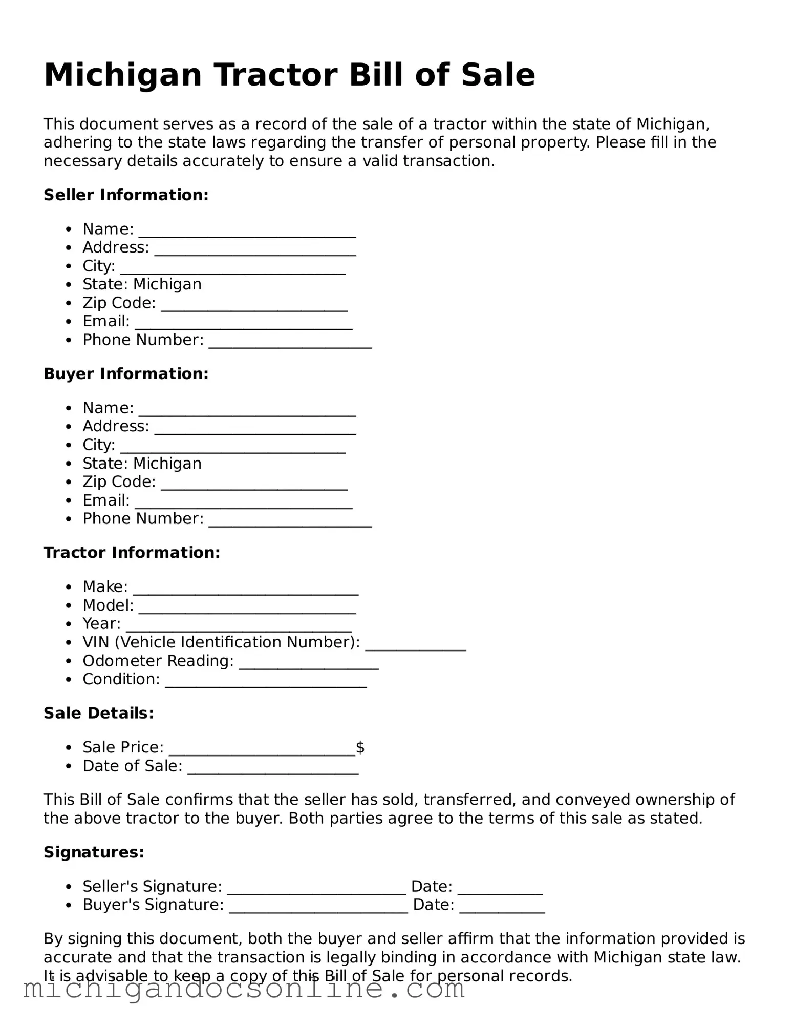 Fillable Michigan Tractor Bill of Sale Form