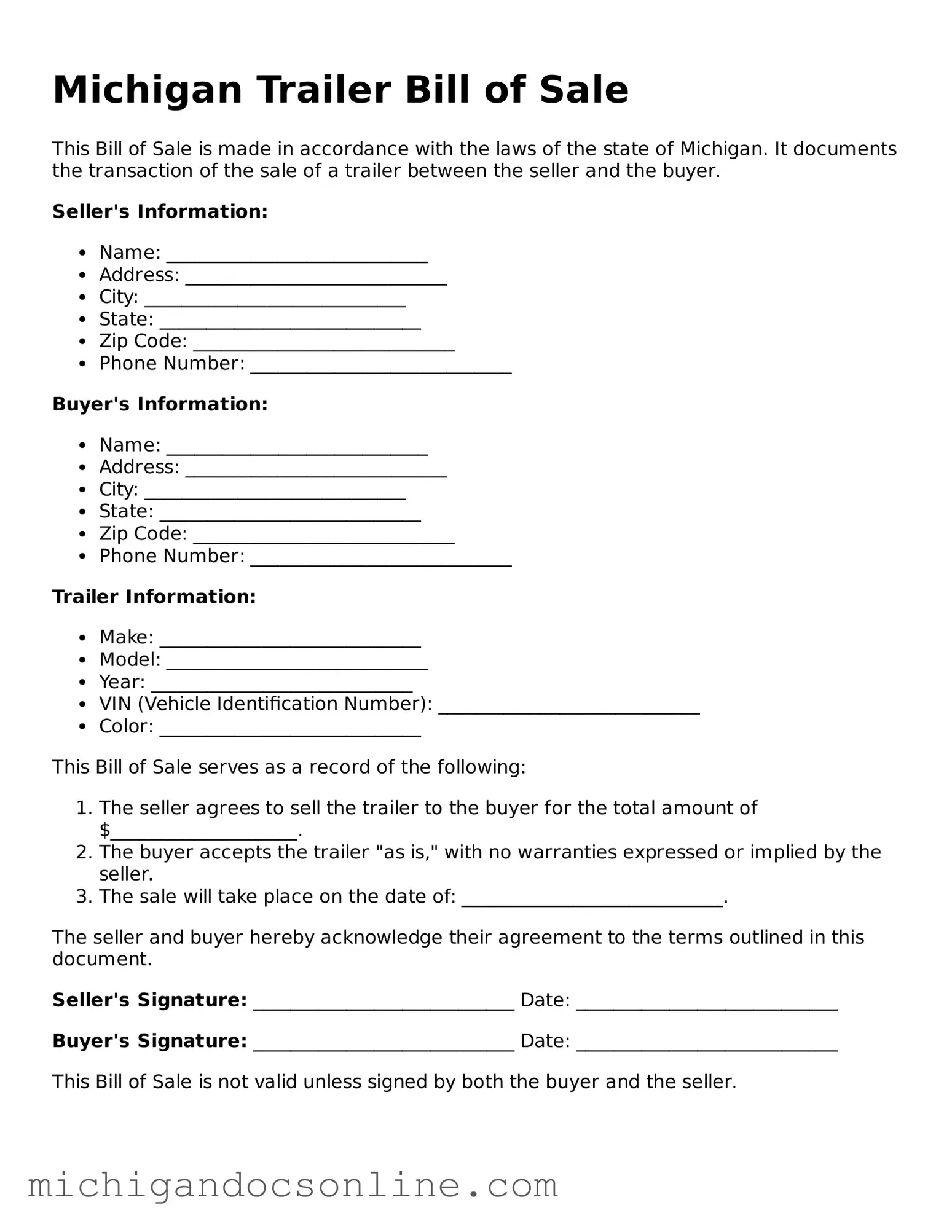 Fillable Michigan Trailer Bill of Sale Form