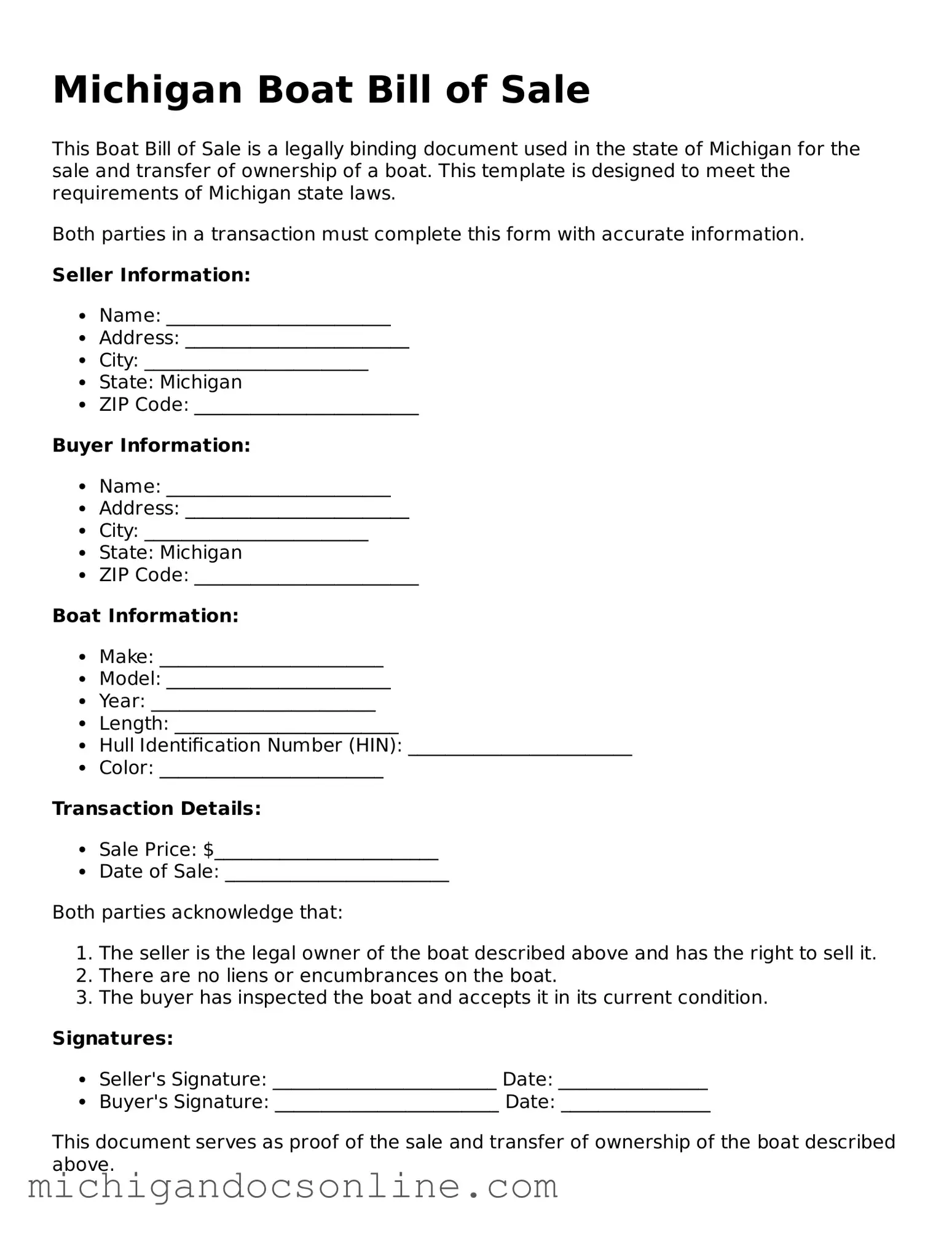Fillable Michigan Boat Bill of Sale Form