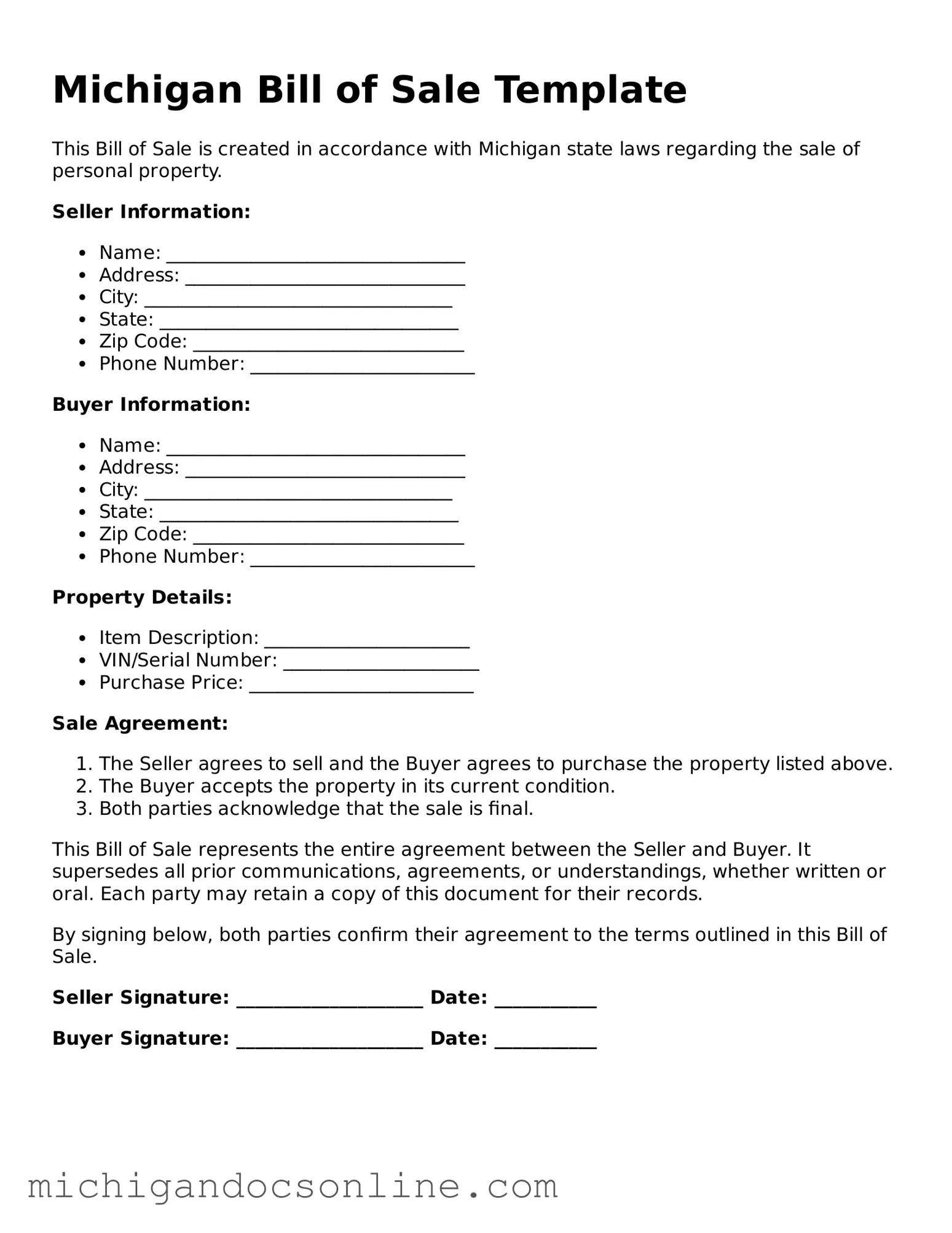 Fillable Michigan Bill of Sale Form