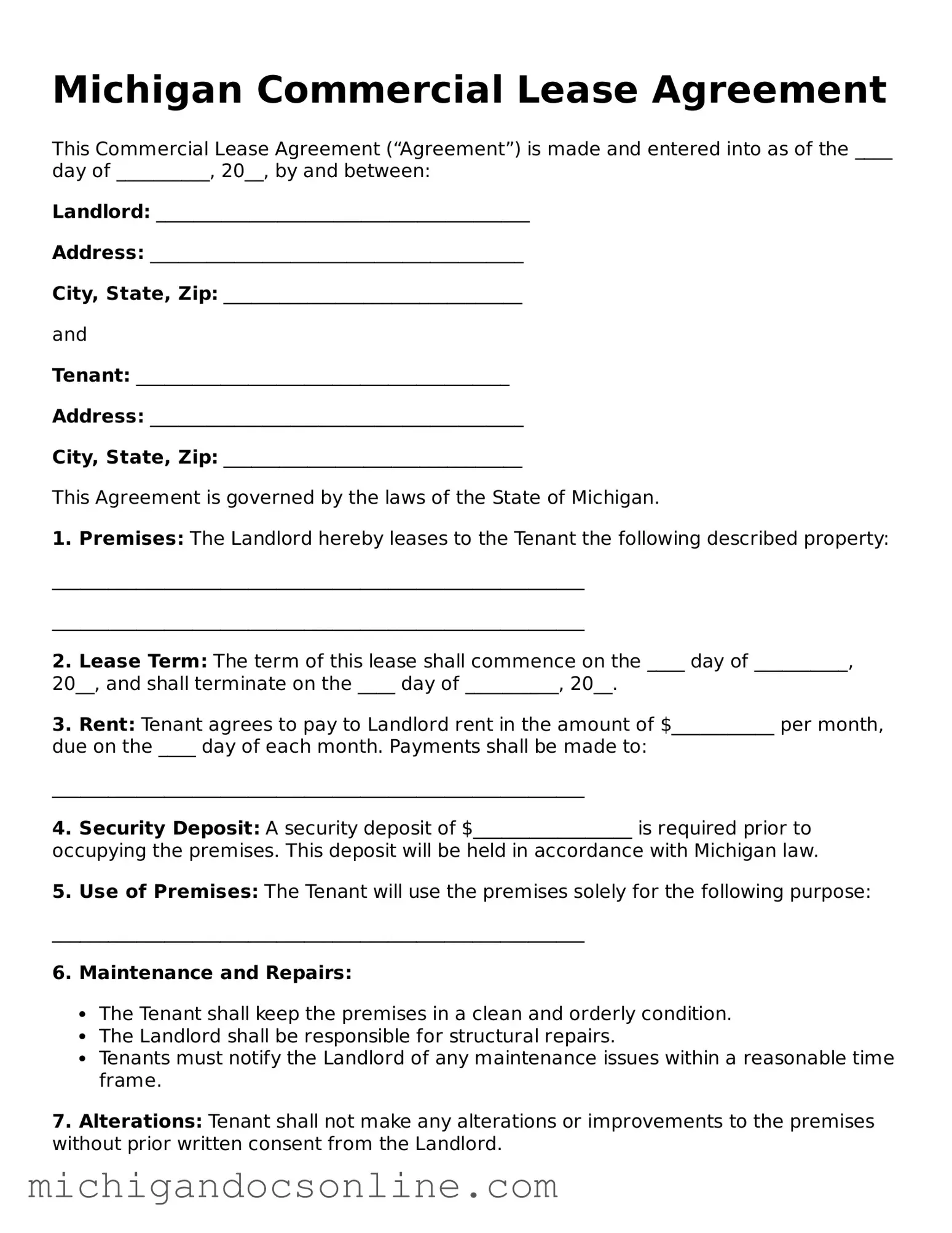 Fillable Michigan Commercial Lease Agreement Form