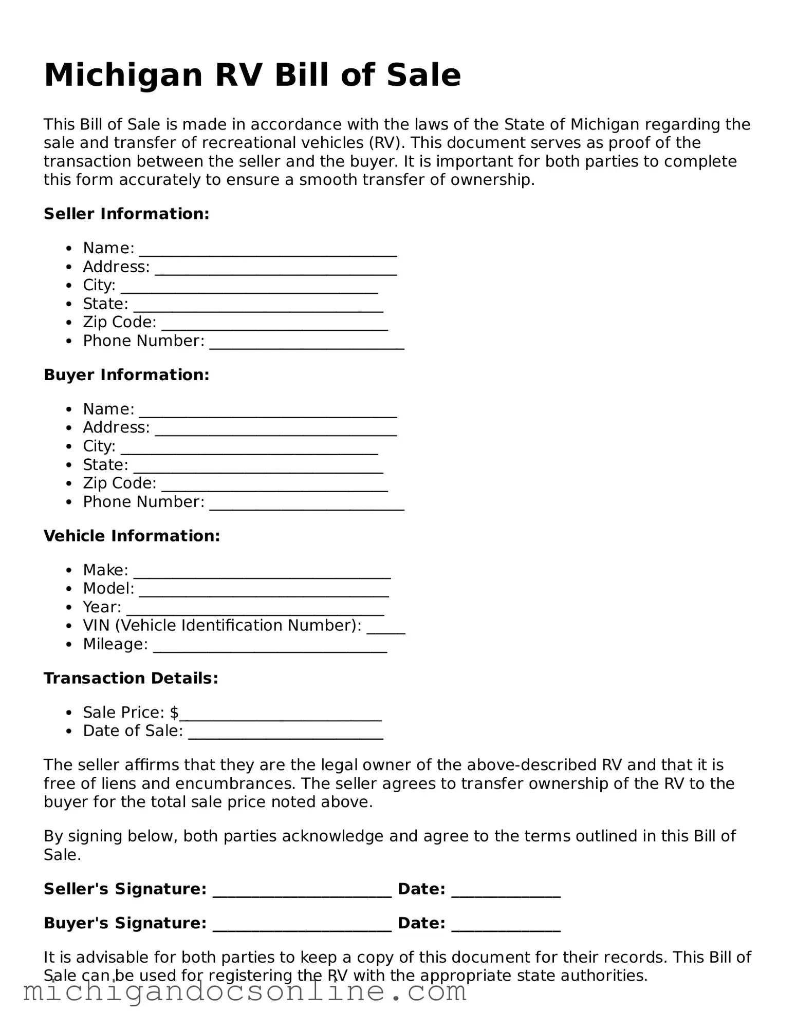 Fillable Michigan RV Bill of Sale Form