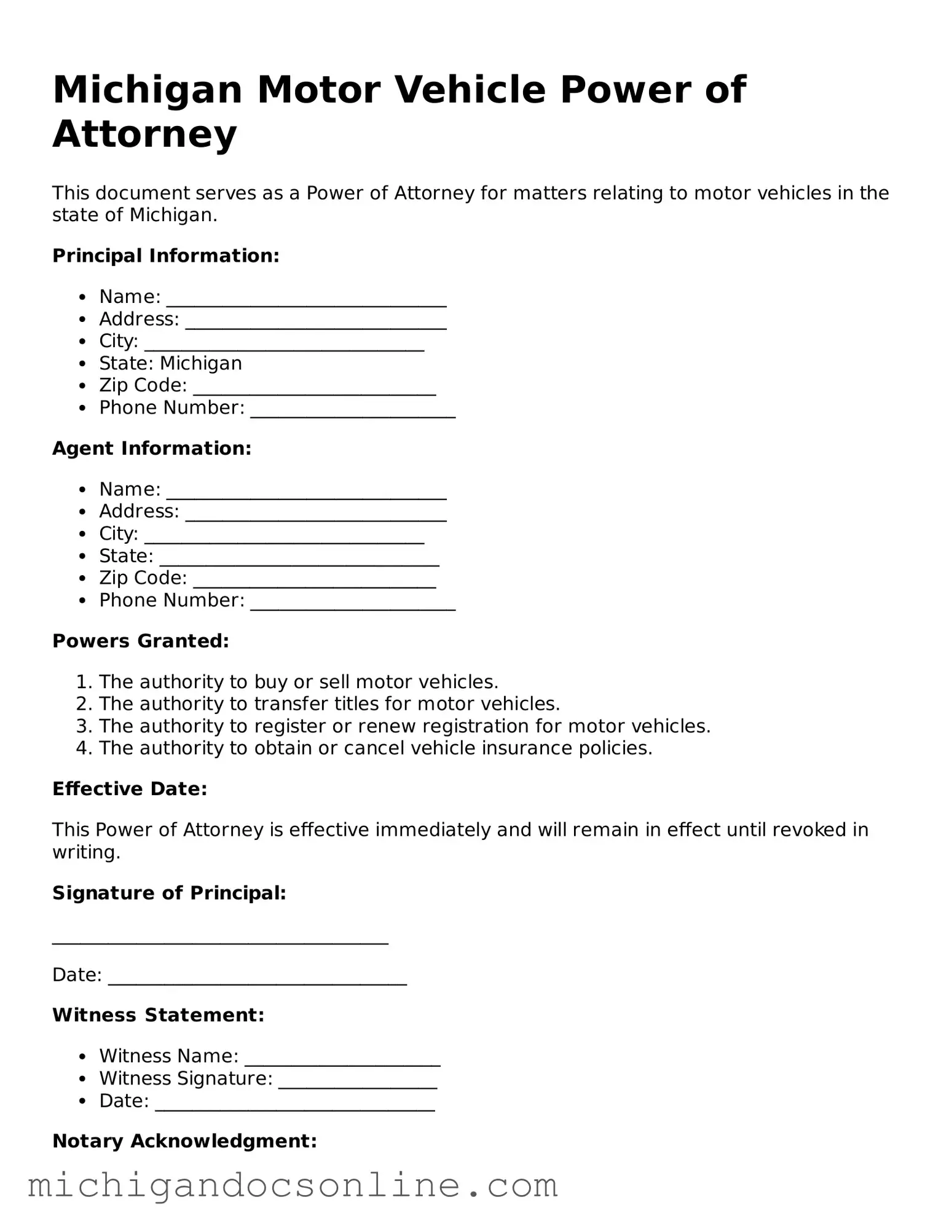 Fillable Michigan Motor Vehicle Power of Attorney Form