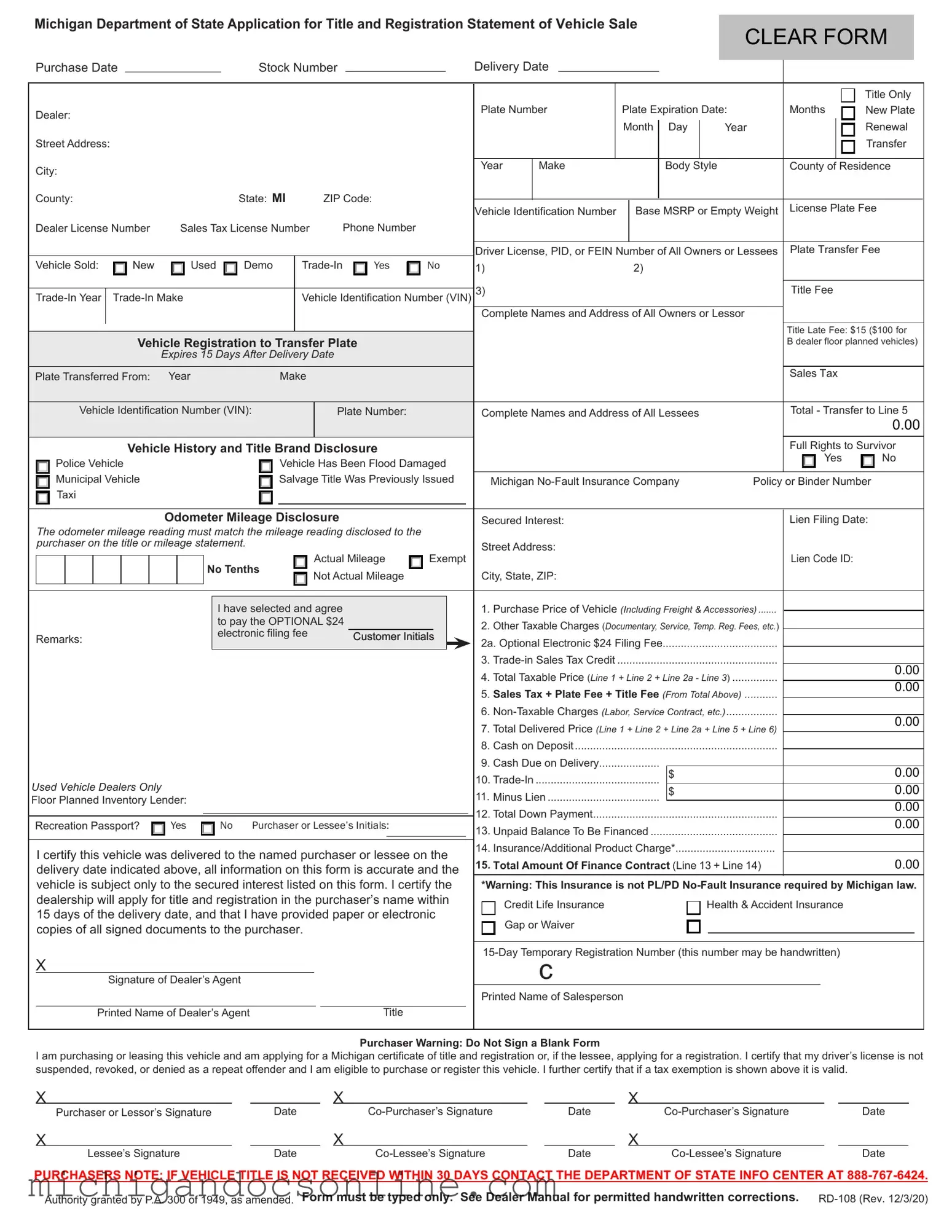 Blank Michigan Category Weight PDF Form