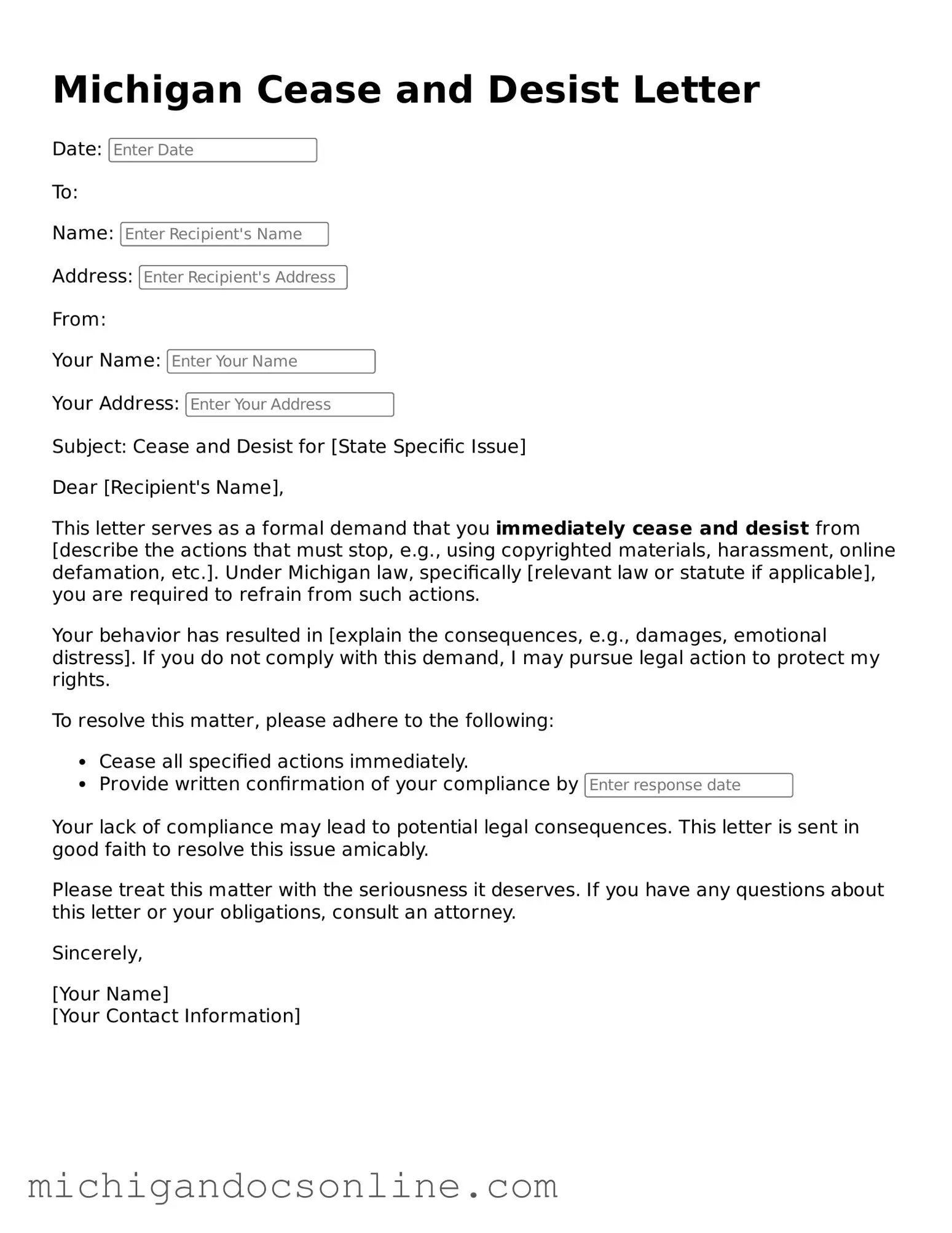 Fillable Michigan Cease and Desist Letter Form