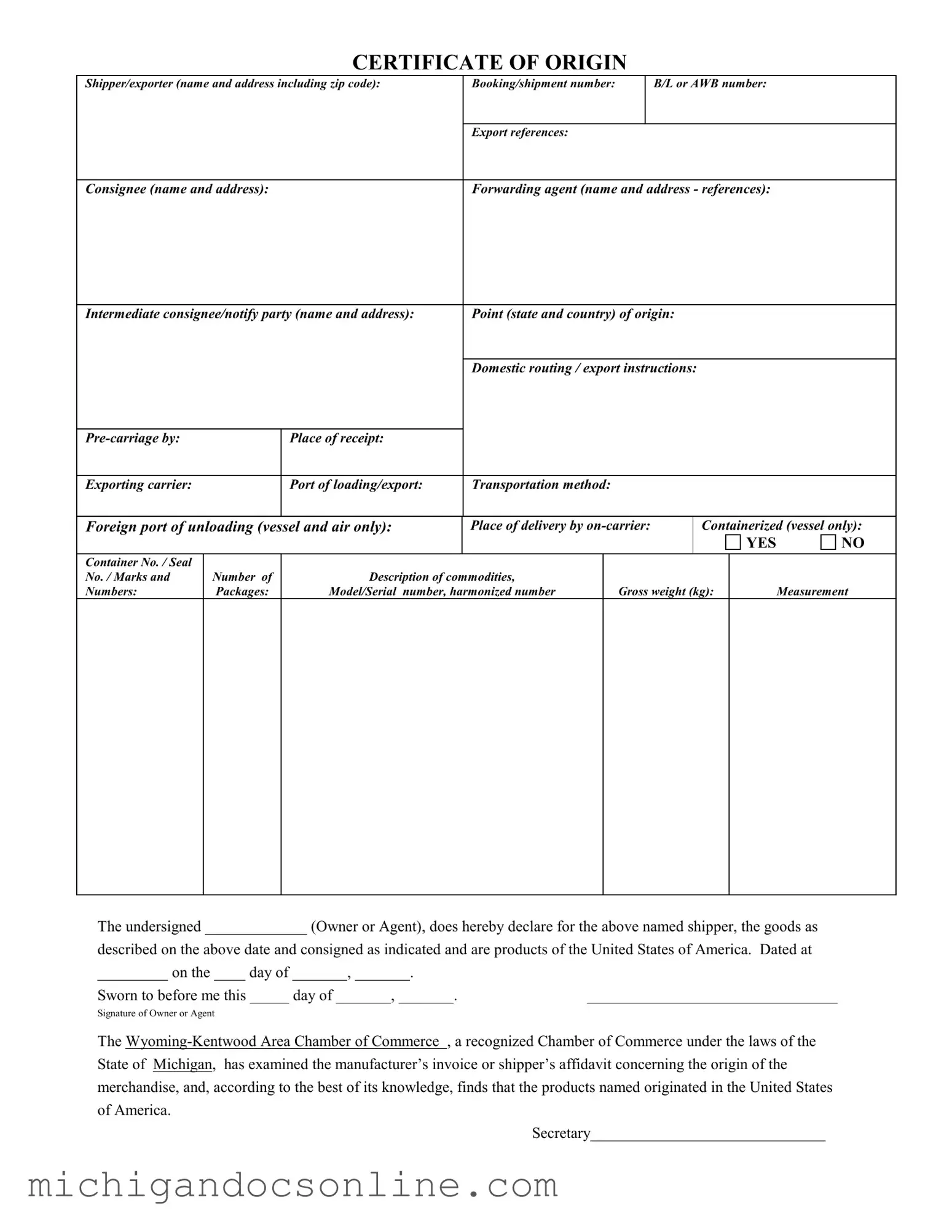 Blank Michigan Certificate Of Origin PDF Form