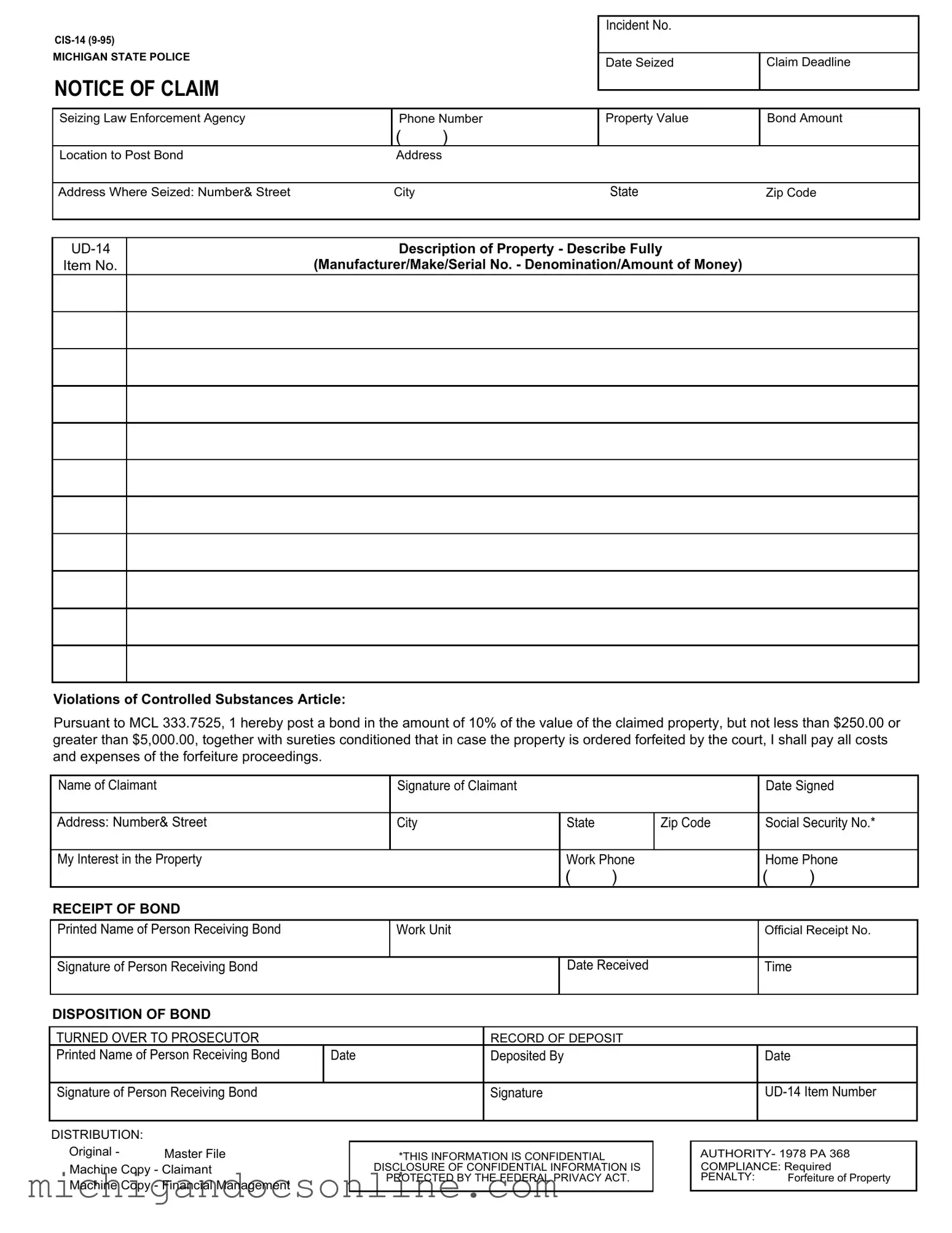 Blank Michigan Cis 14 PDF Form