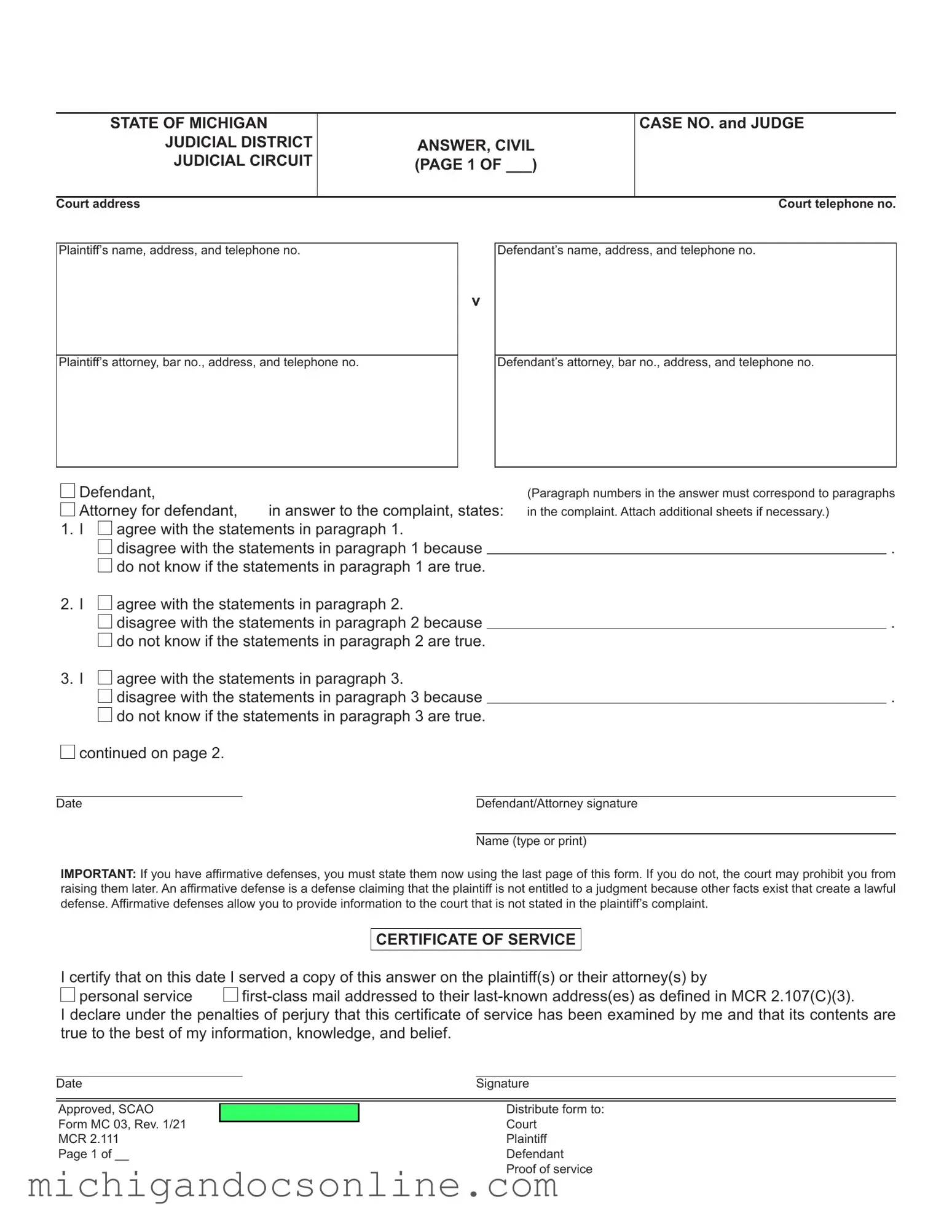Blank Michigan Civil PDF Form