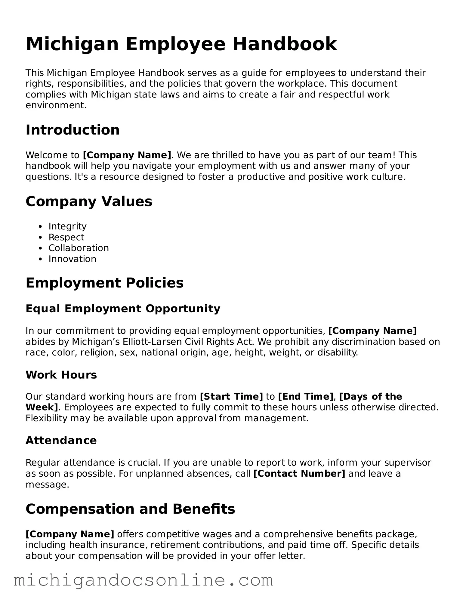 Fillable Michigan Employee Handbook Form