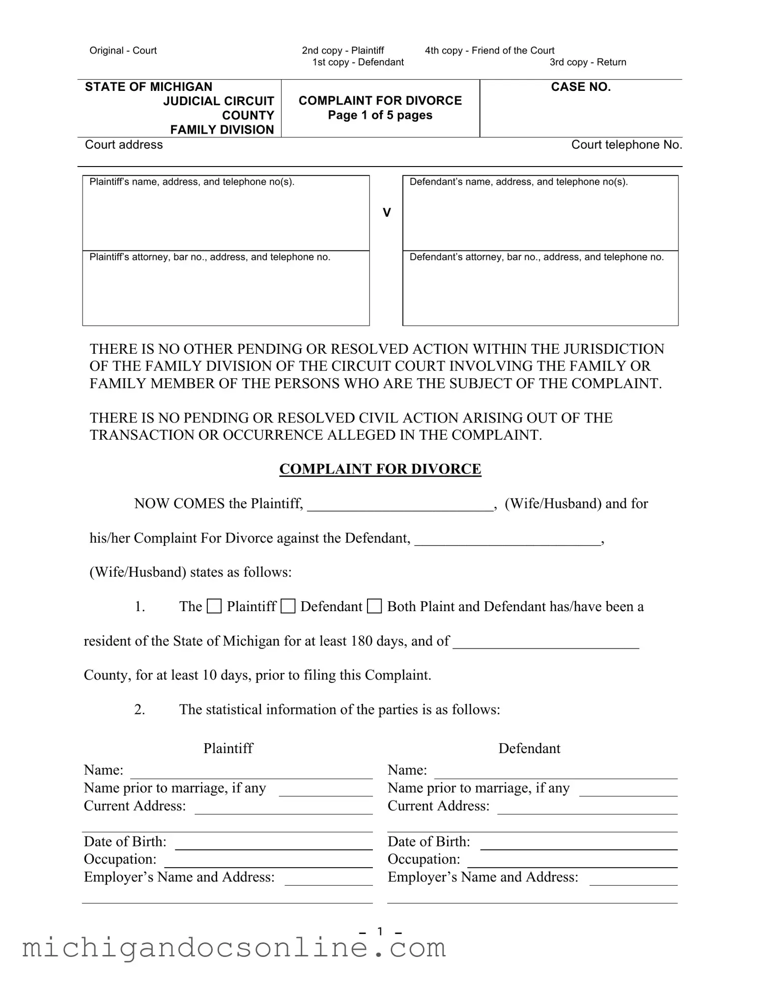 Blank Michigan Complaint Divorce PDF Form