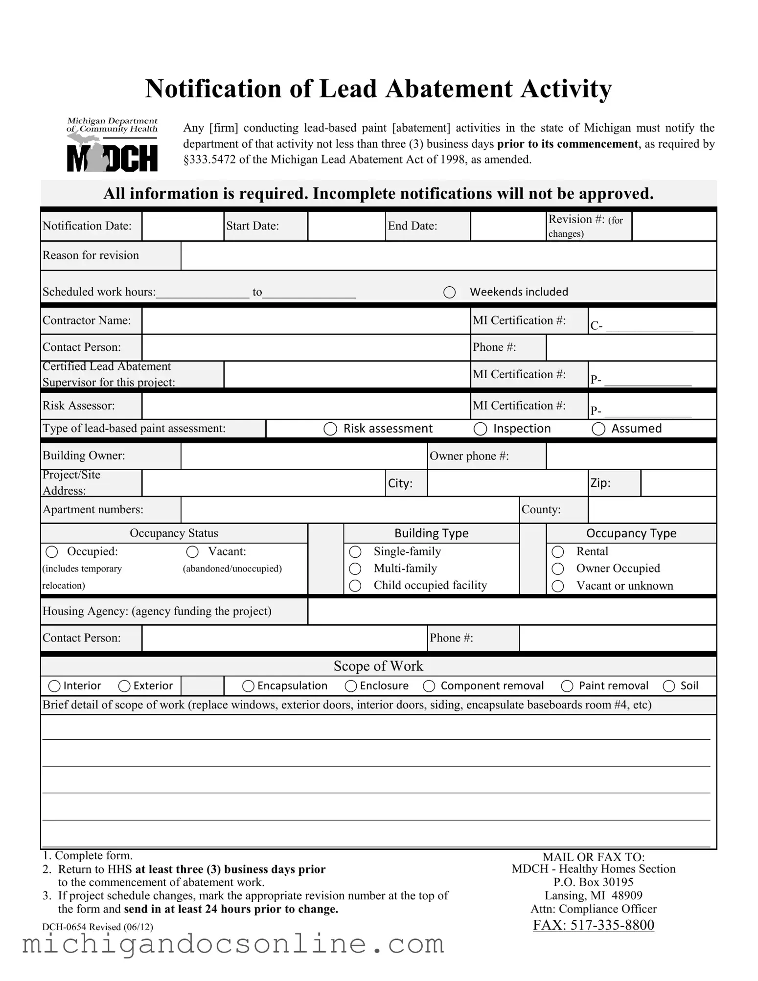 Blank Michigan Dch 0654 PDF Form