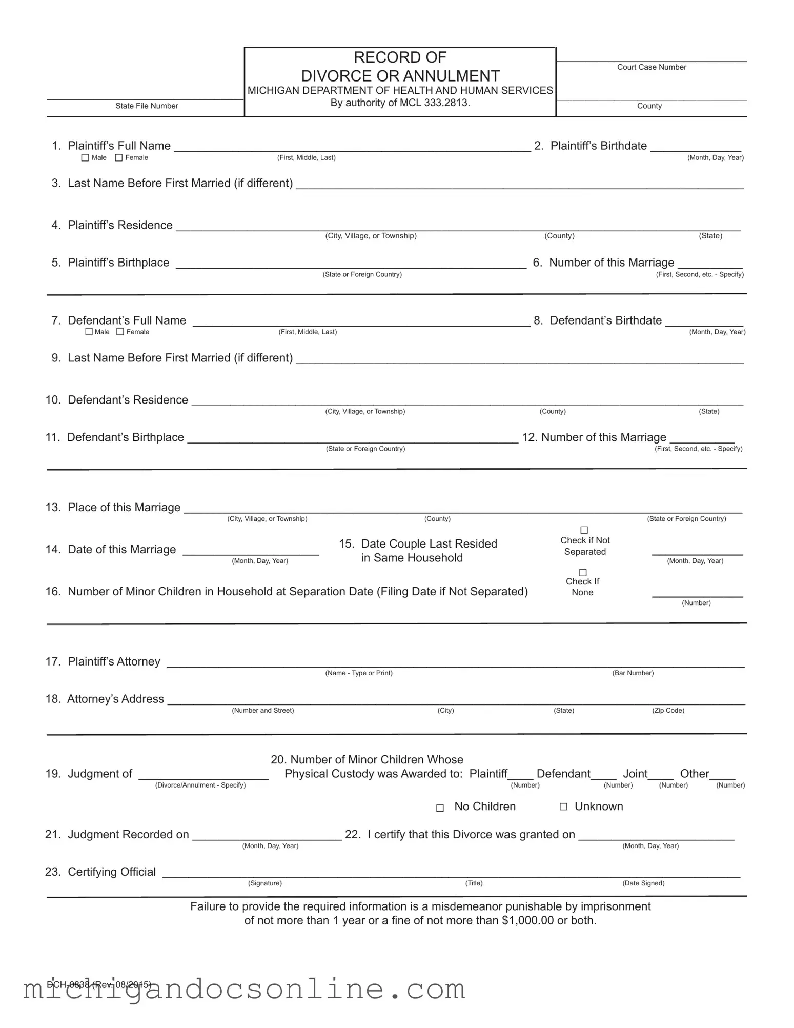 Blank Michigan Dch 0838 PDF Form