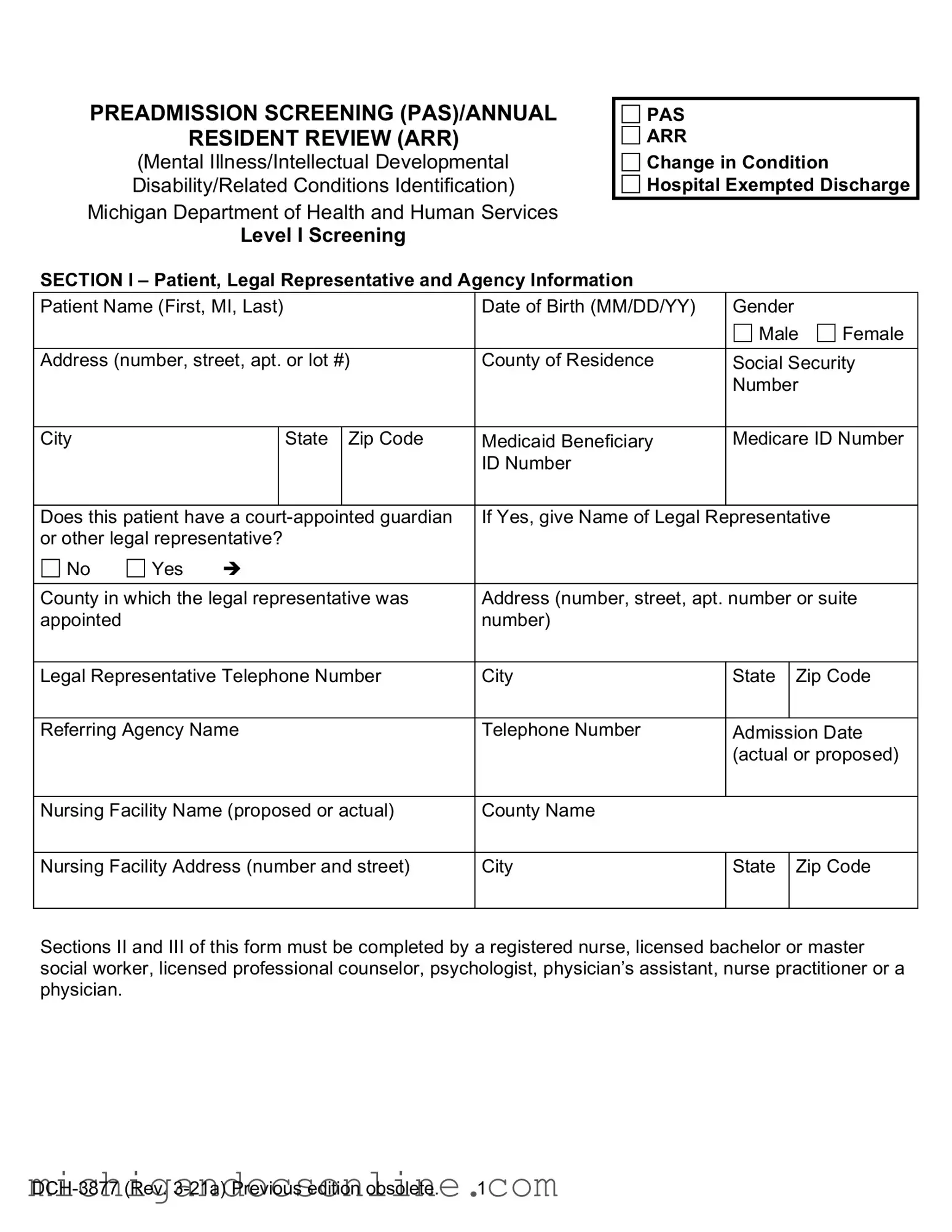Blank Michigan Dch 3877 PDF Form