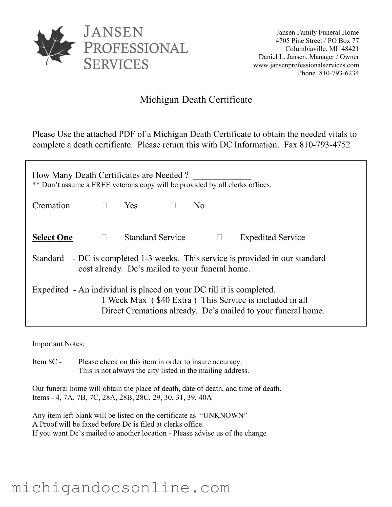 Blank Michigan Death Certificate PDF Form