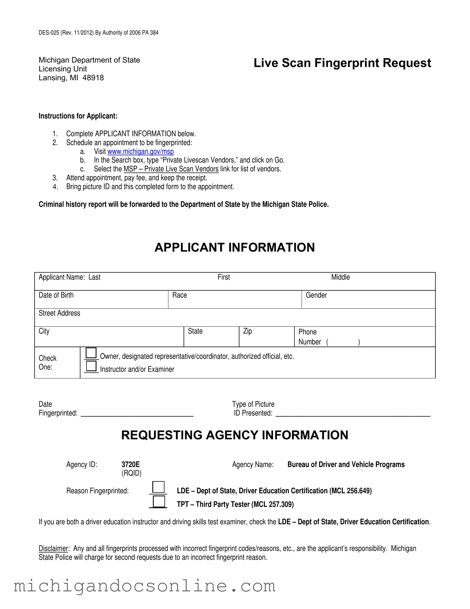 Blank Michigan Des 025 PDF Form