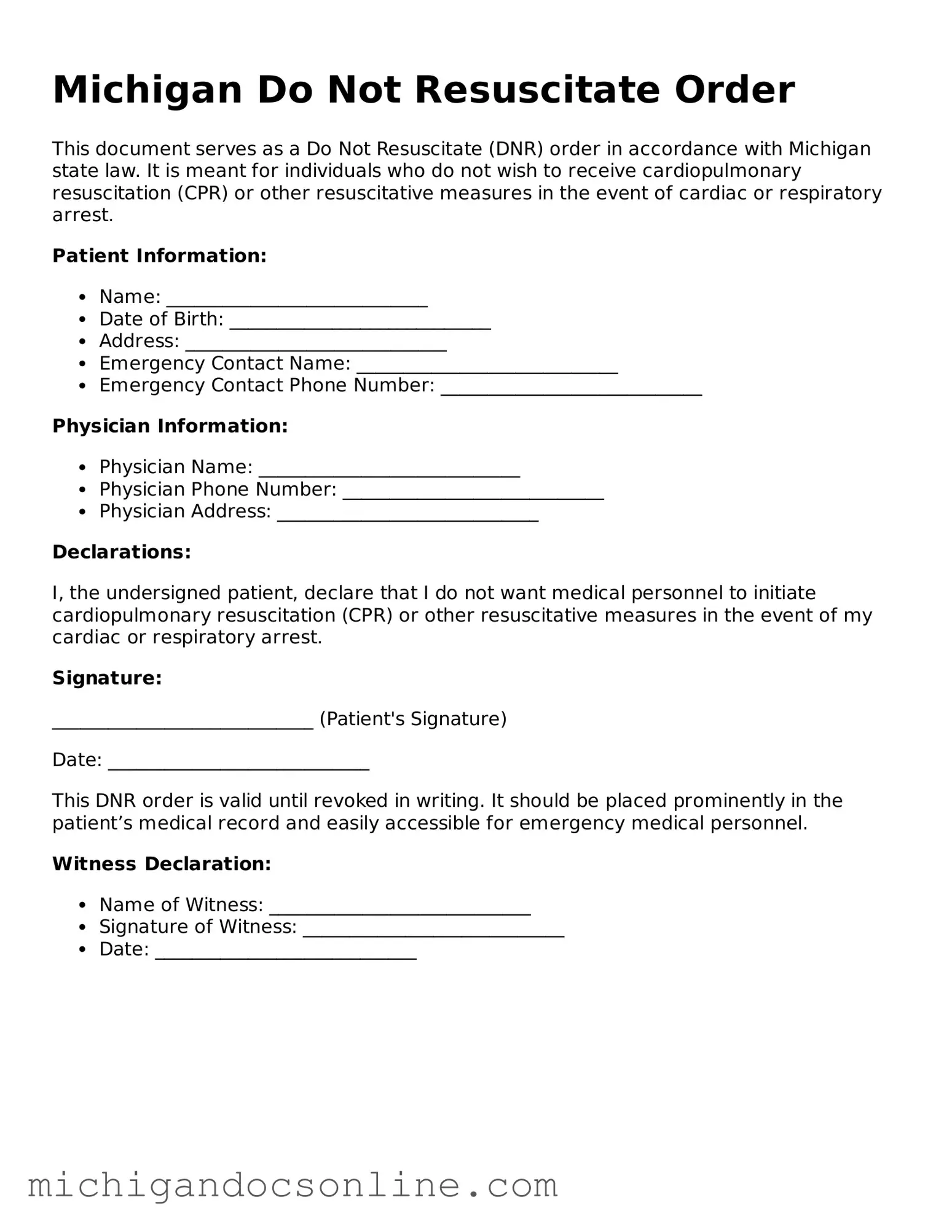 Fillable Michigan Do Not Resuscitate Order Form