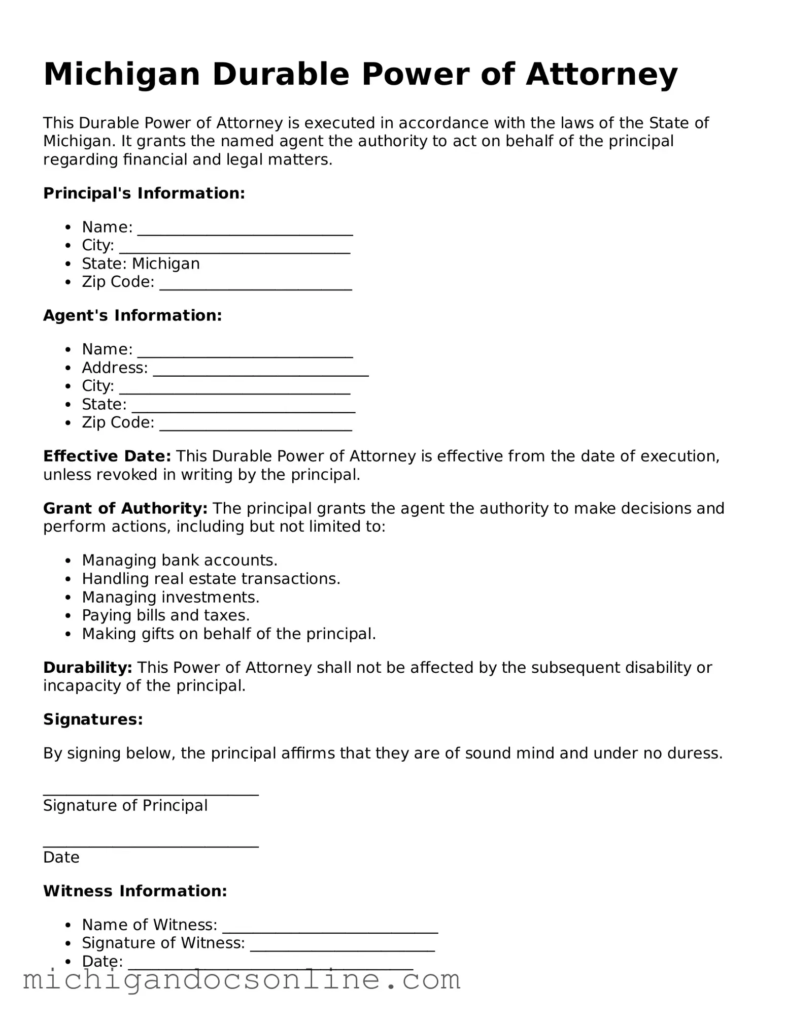 Fillable Michigan Durable Power of Attorney Form