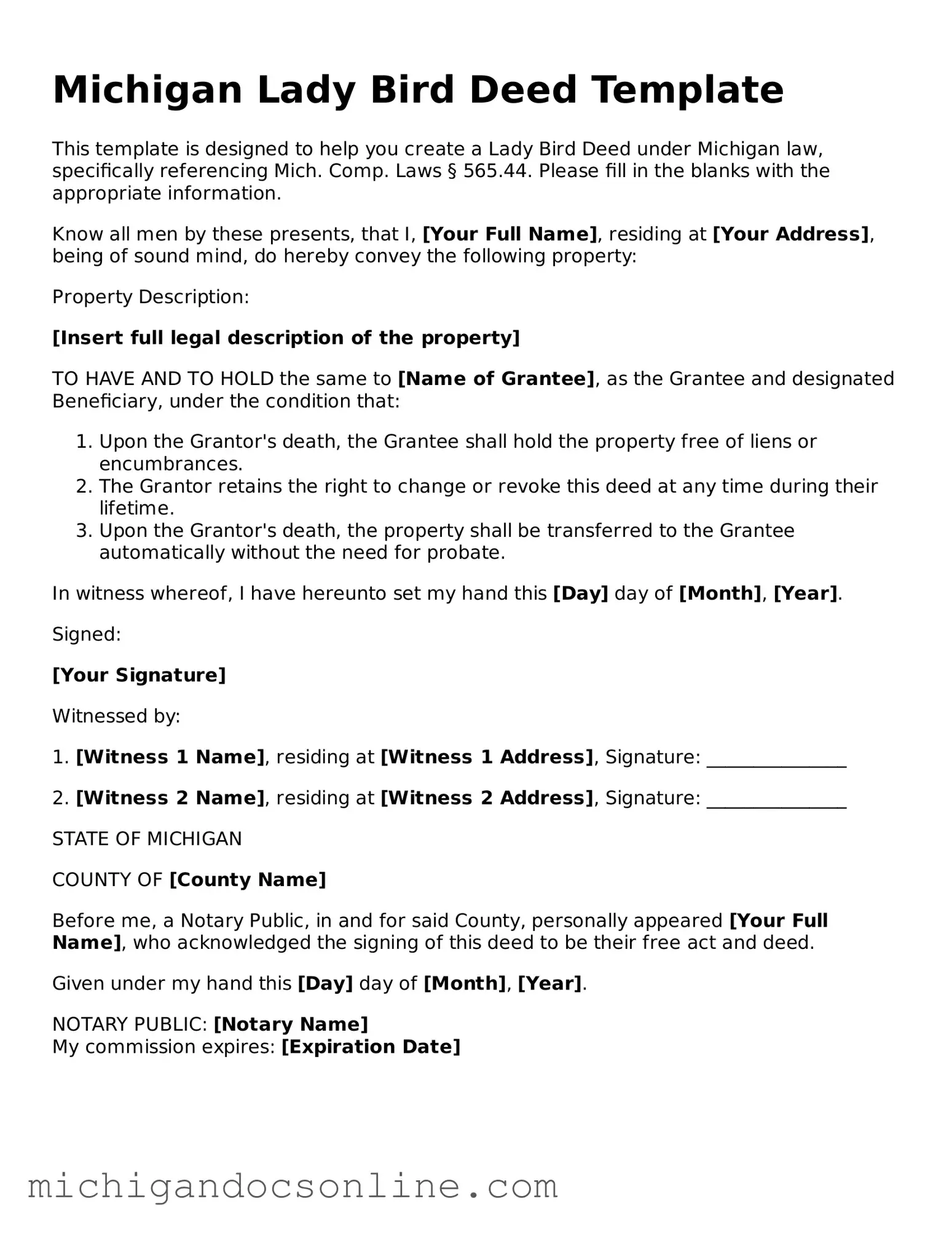 Fillable Michigan Lady Bird Deed Form
