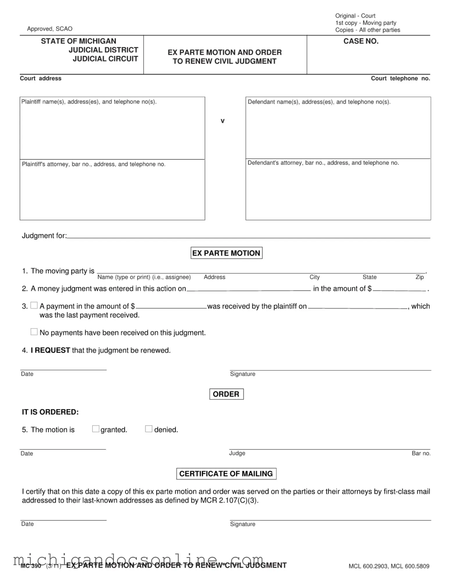Blank Michigan Ex Parte PDF Form