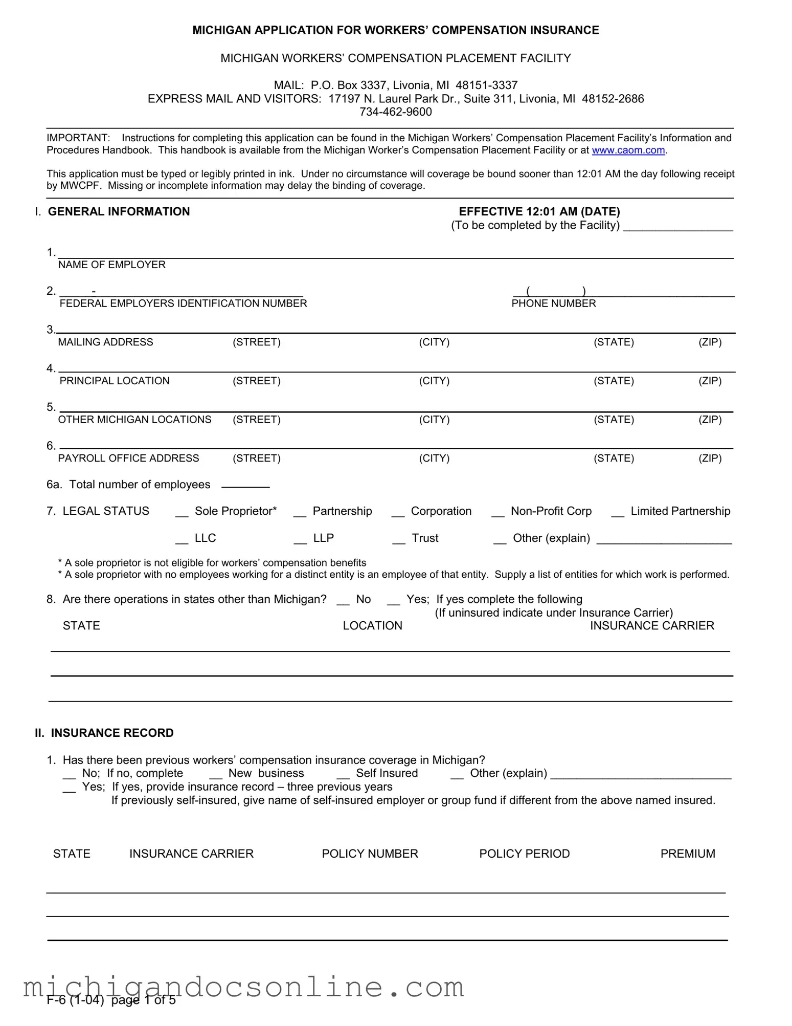 Blank Michigan F 6 PDF Form