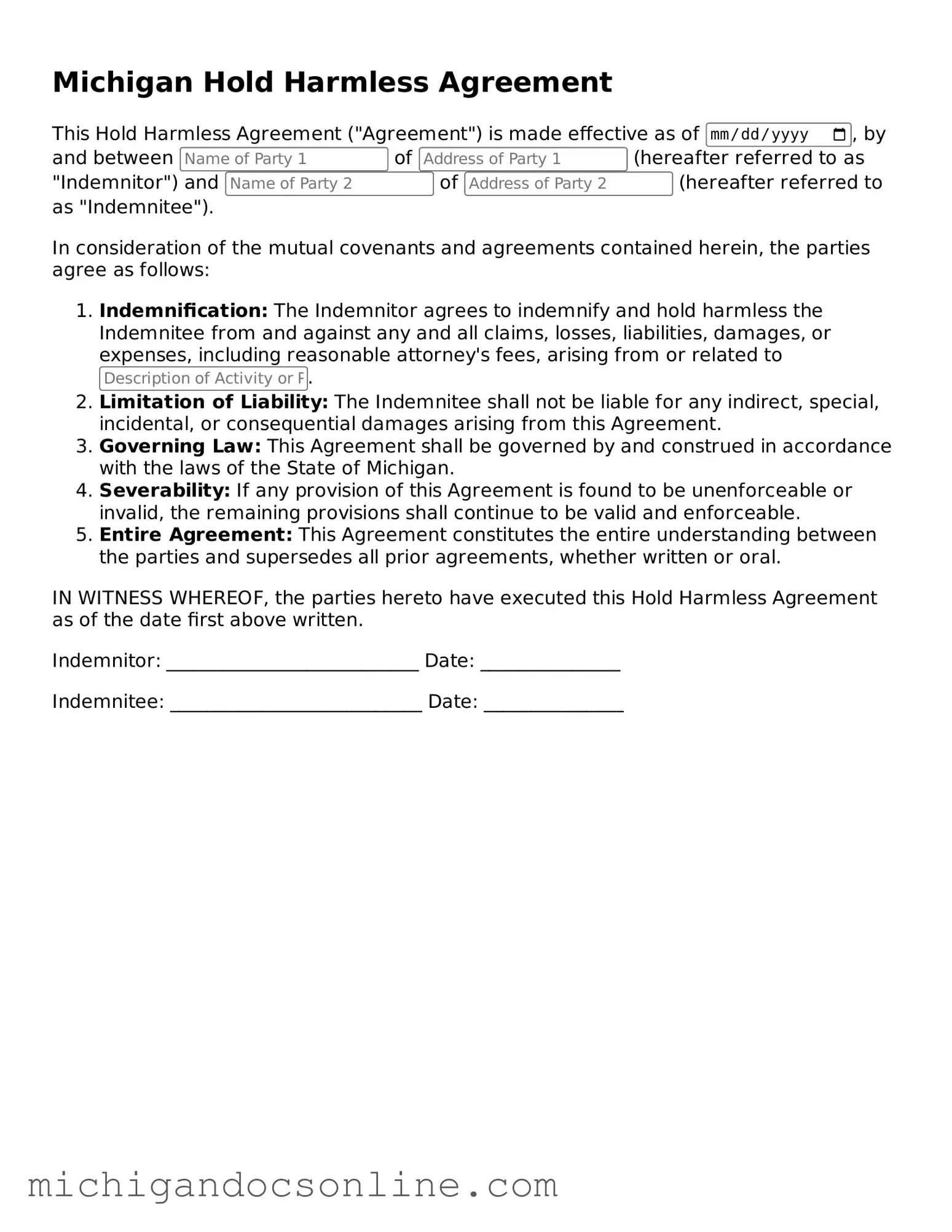 Fillable Michigan Hold Harmless Agreement Form
