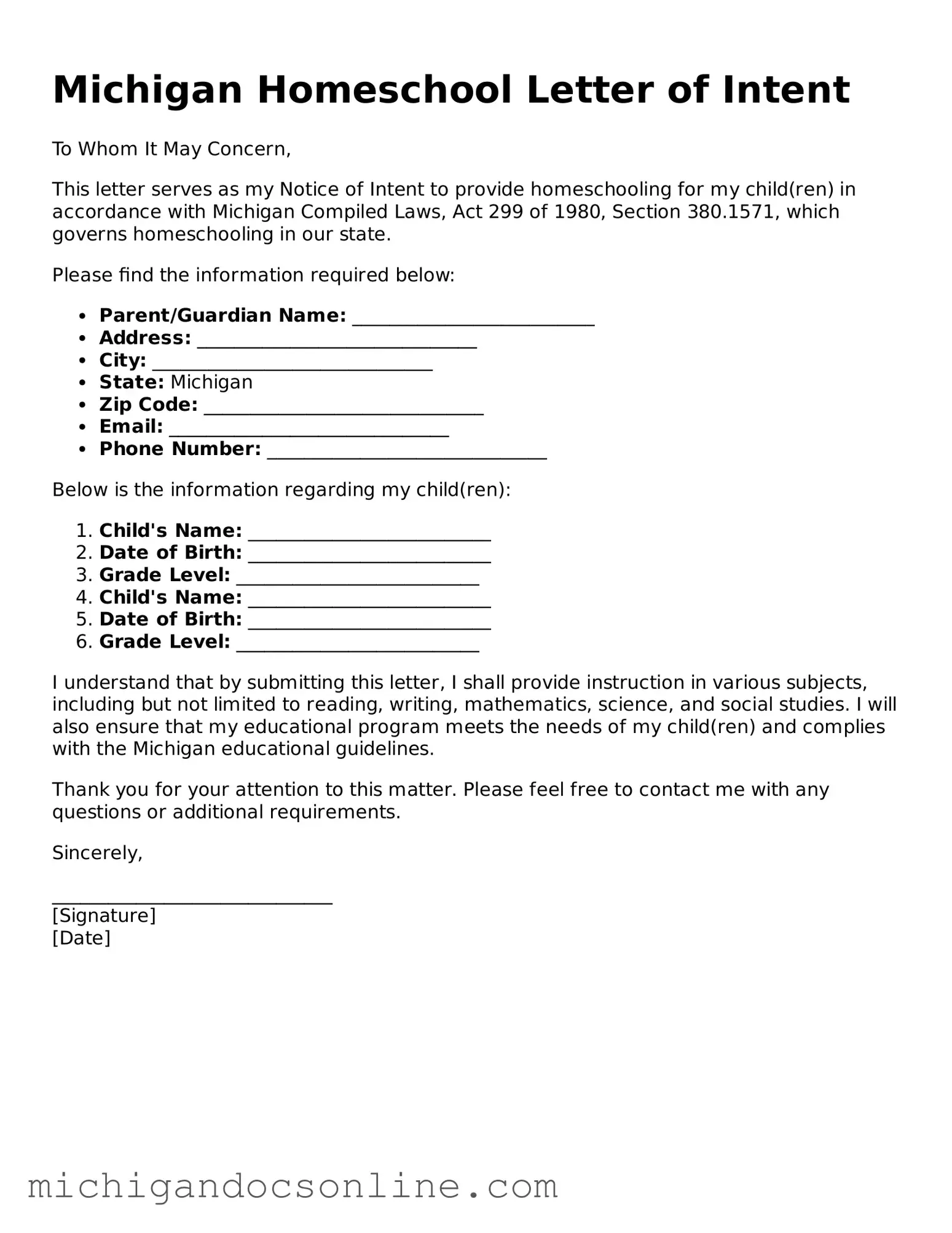 Fillable Michigan Homeschool Letter of Intent Form