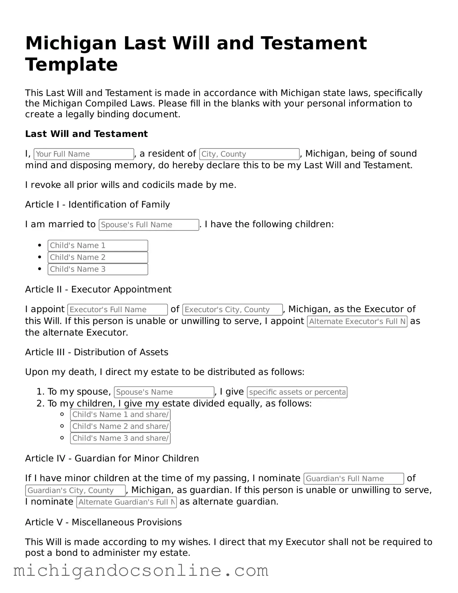 Fillable Michigan Last Will and Testament Form
