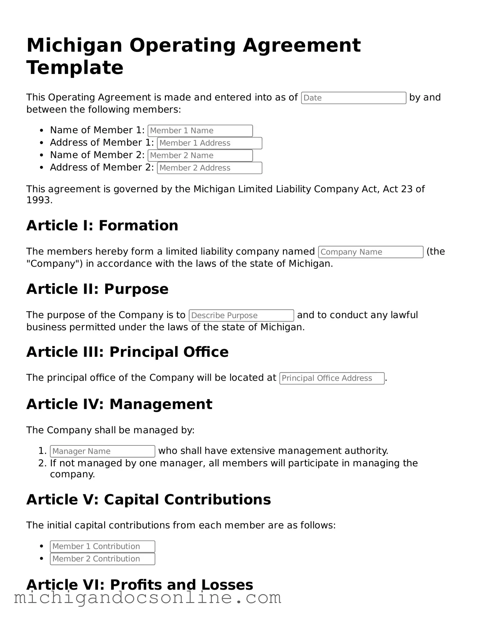 Fillable Michigan Operating Agreement Form