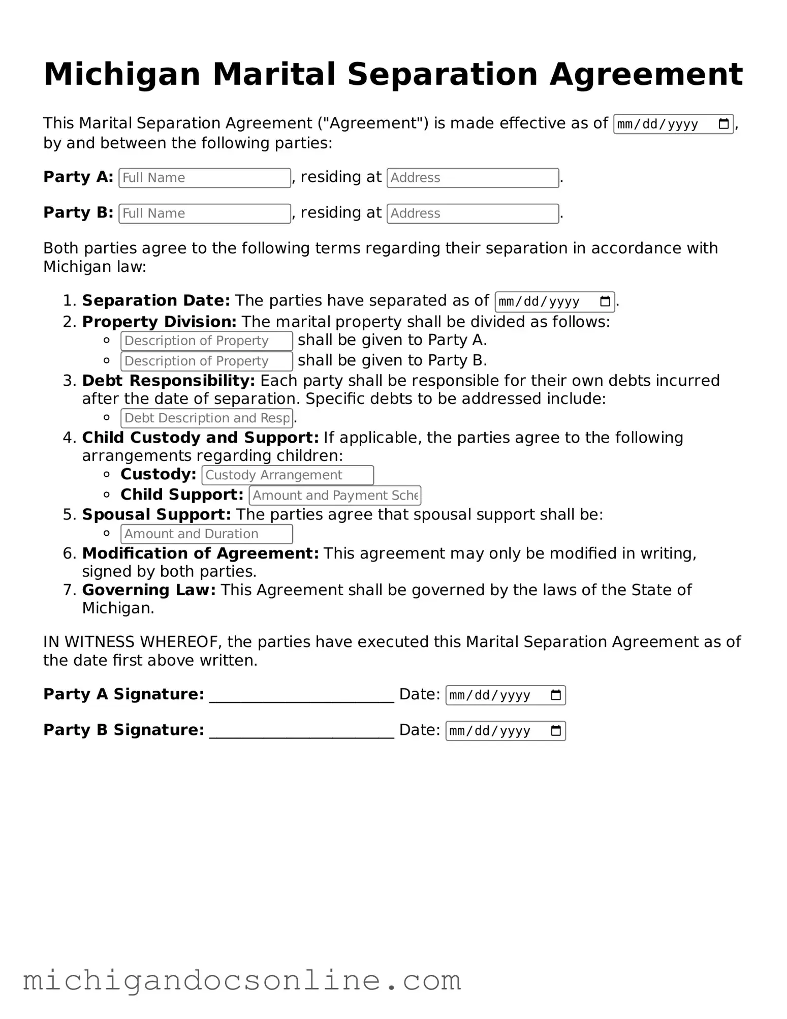 Fillable Michigan Marital Separation Agreement Form