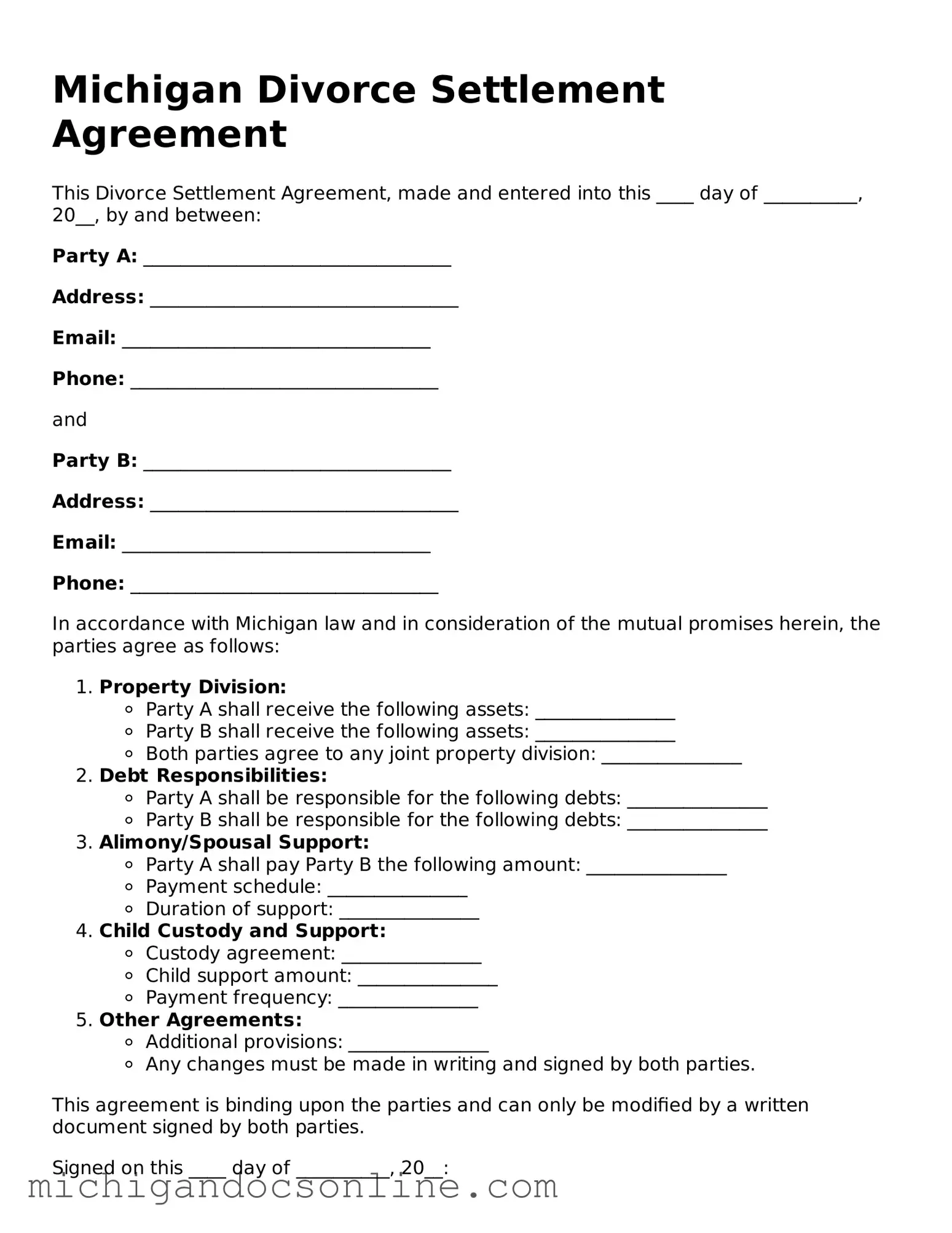Fillable Michigan Divorce Settlement Agreement Form