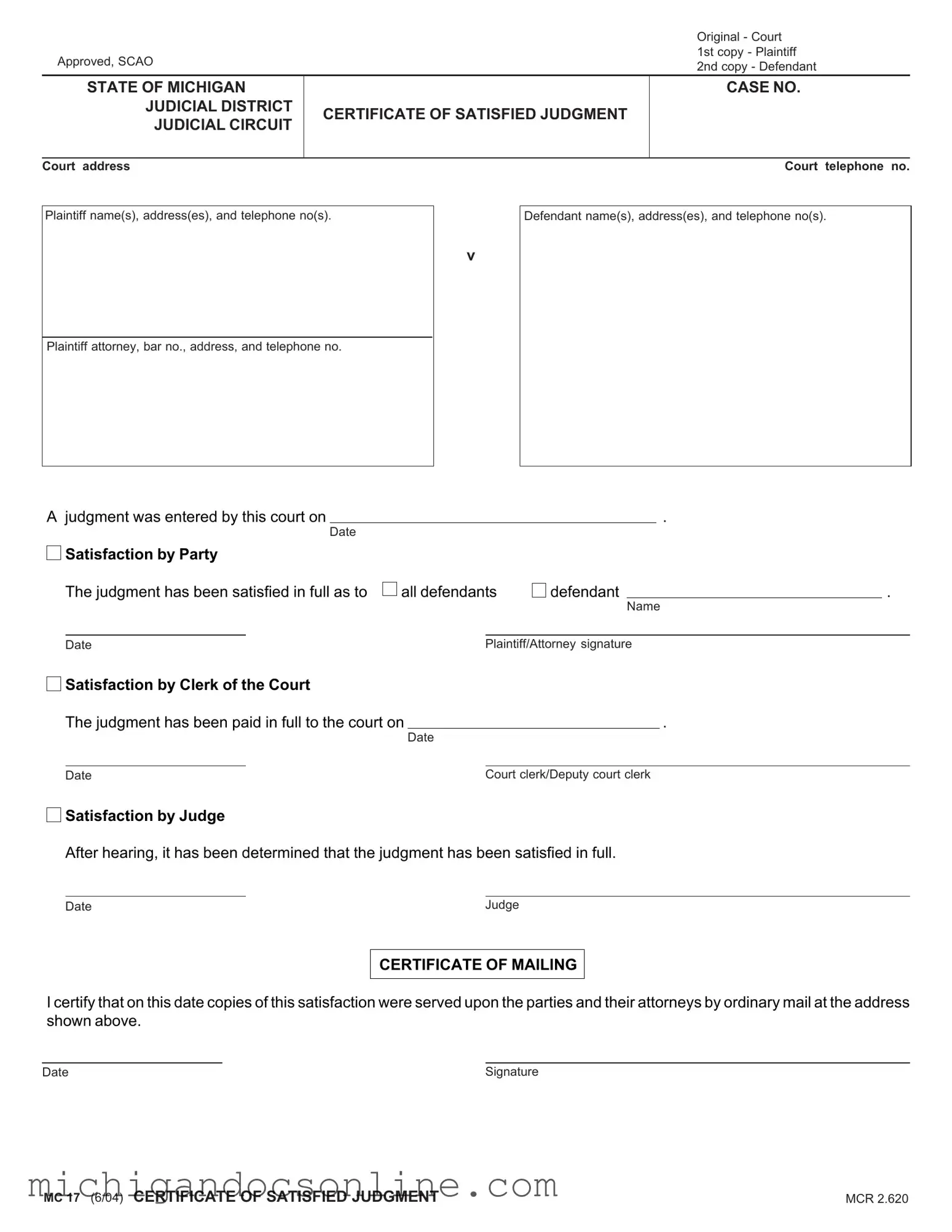 Blank Michigan Mc 17 PDF Form